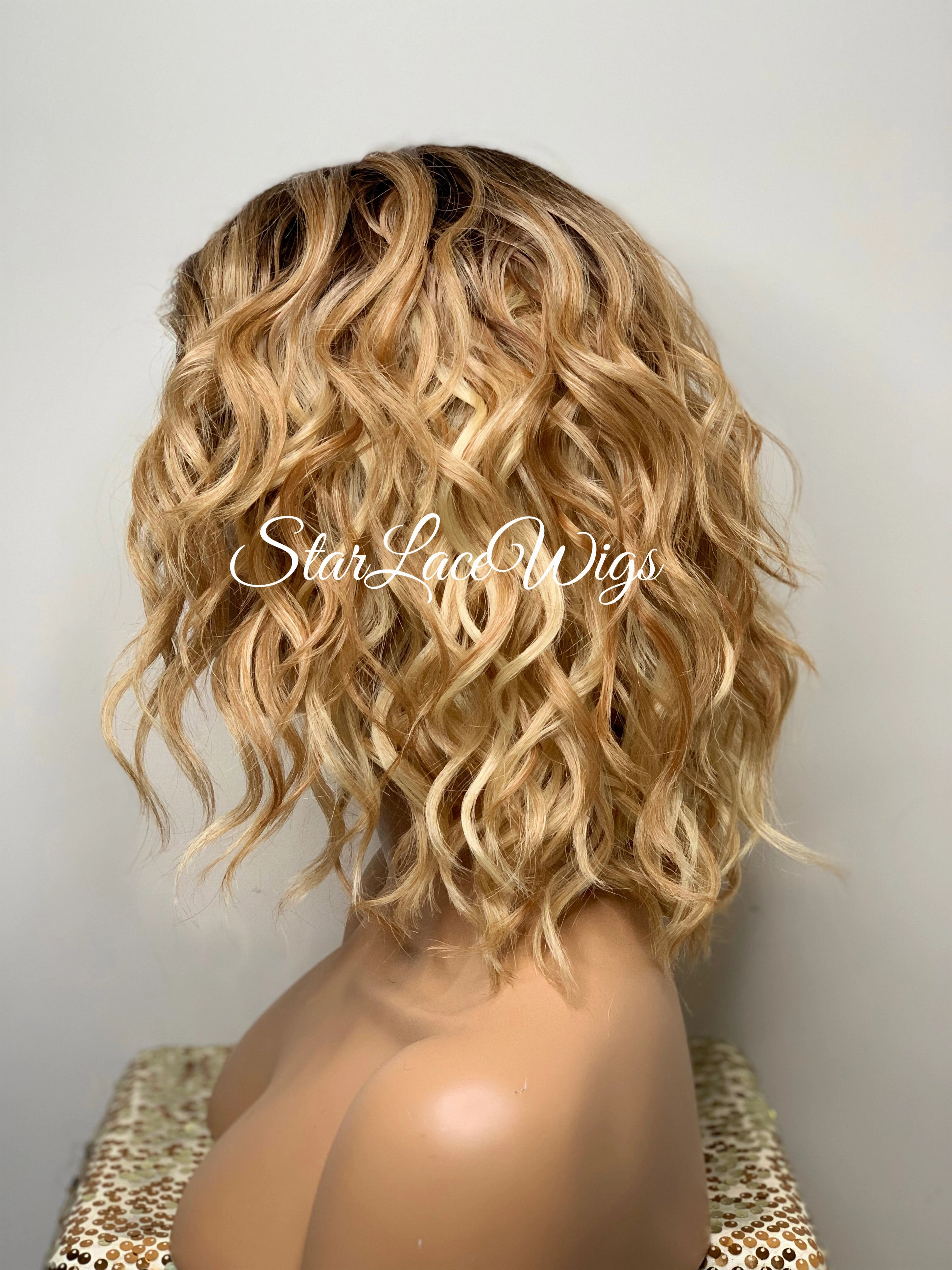 Lace Front Wig Short Wavy Honey Blonde Synthetic Bob Brown Roots - Paula