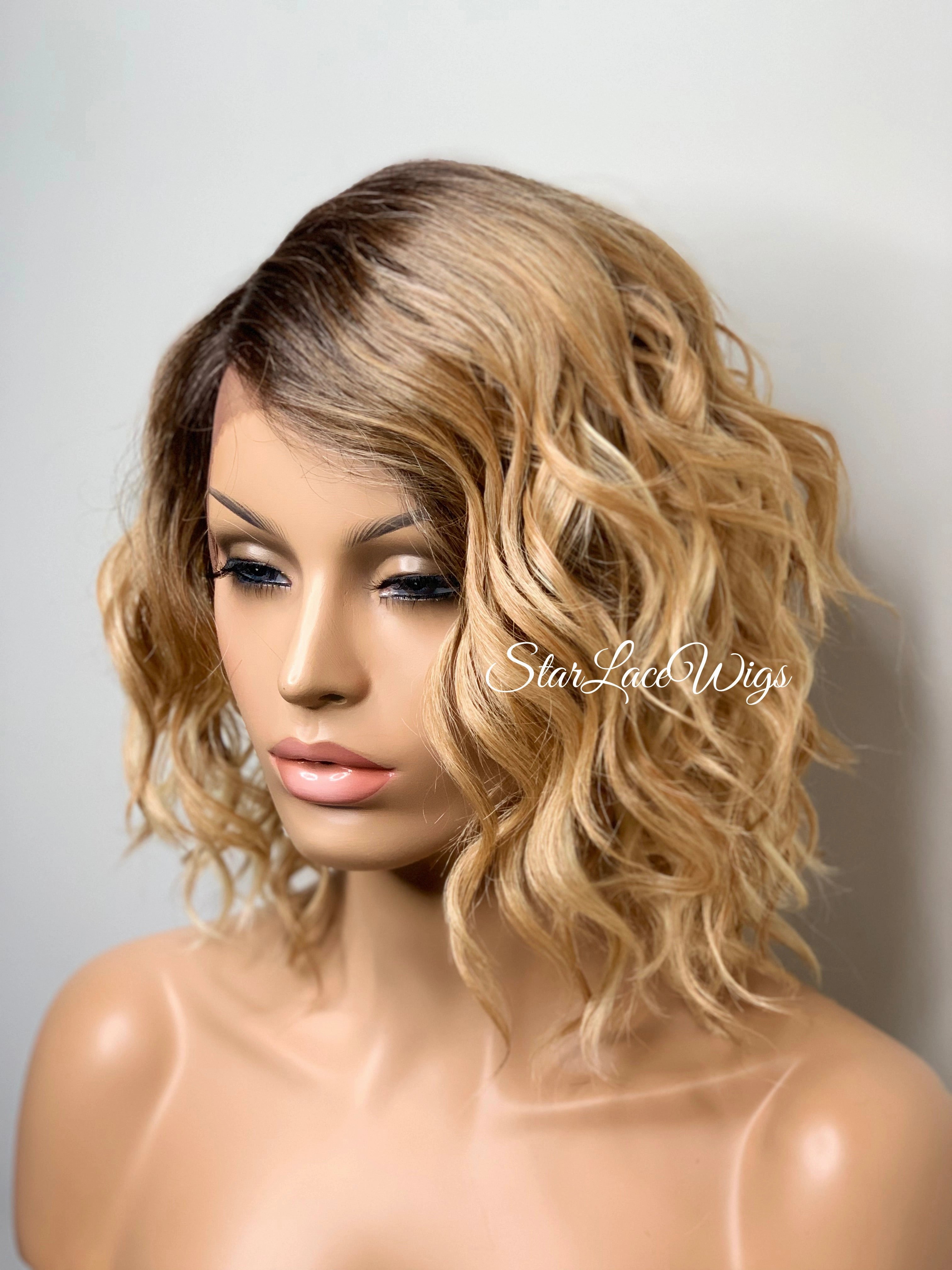 Lace Front Wig Short Wavy Honey Blonde Synthetic Bob Brown Roots - Paula