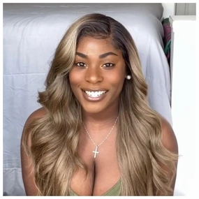 Lace Front Wig Synthetic Ash Blonde Dark Roots Curly Side Part Layers - Amber