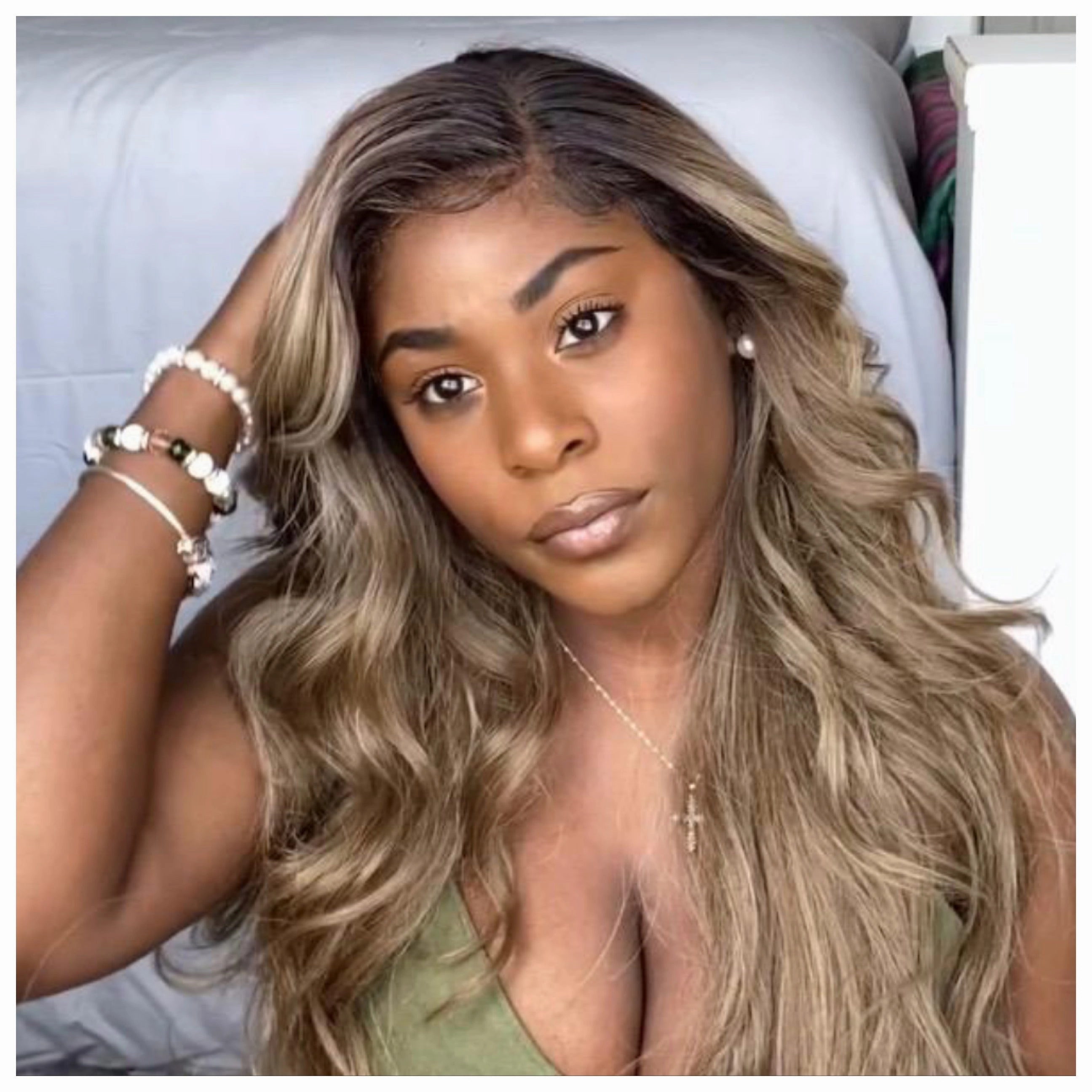 Lace Front Wig Synthetic Ash Blonde Dark Roots Curly Side Part Layers - Amber