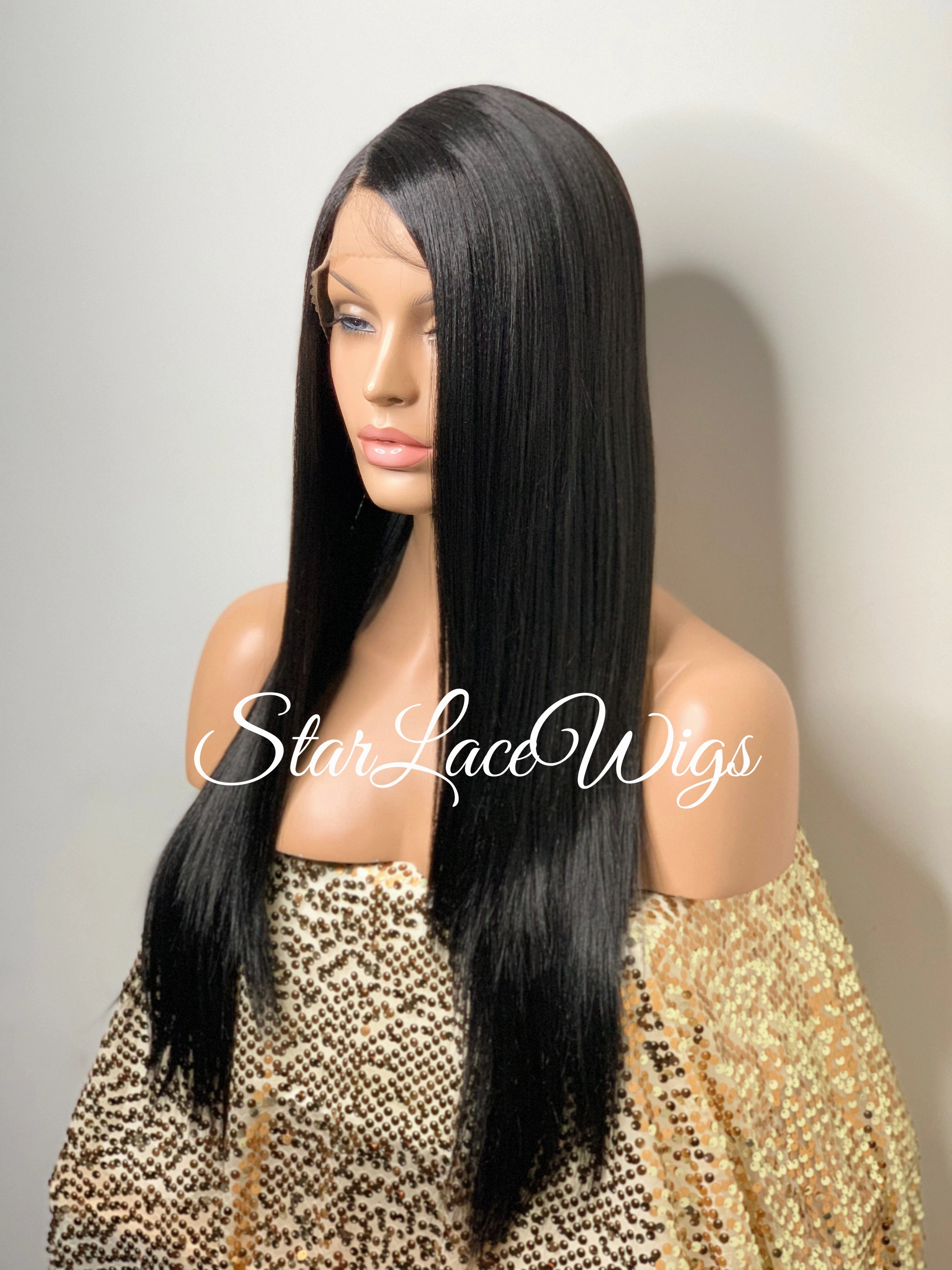 Lace Front Wig Synthetic Black Straight Side Part Layers - Maxine