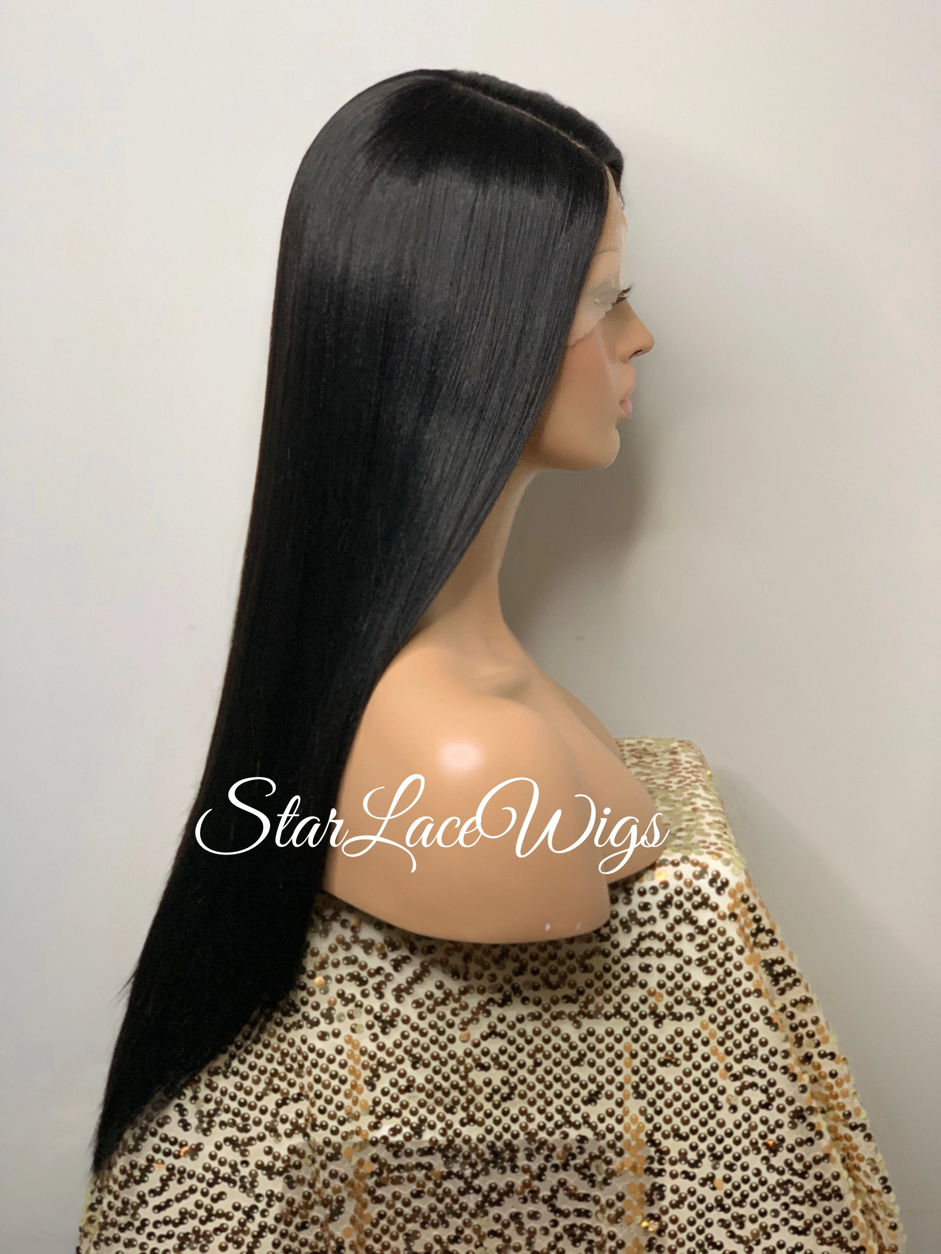 Lace Front Wig Synthetic Black Straight Side Part Layers - Maxine
