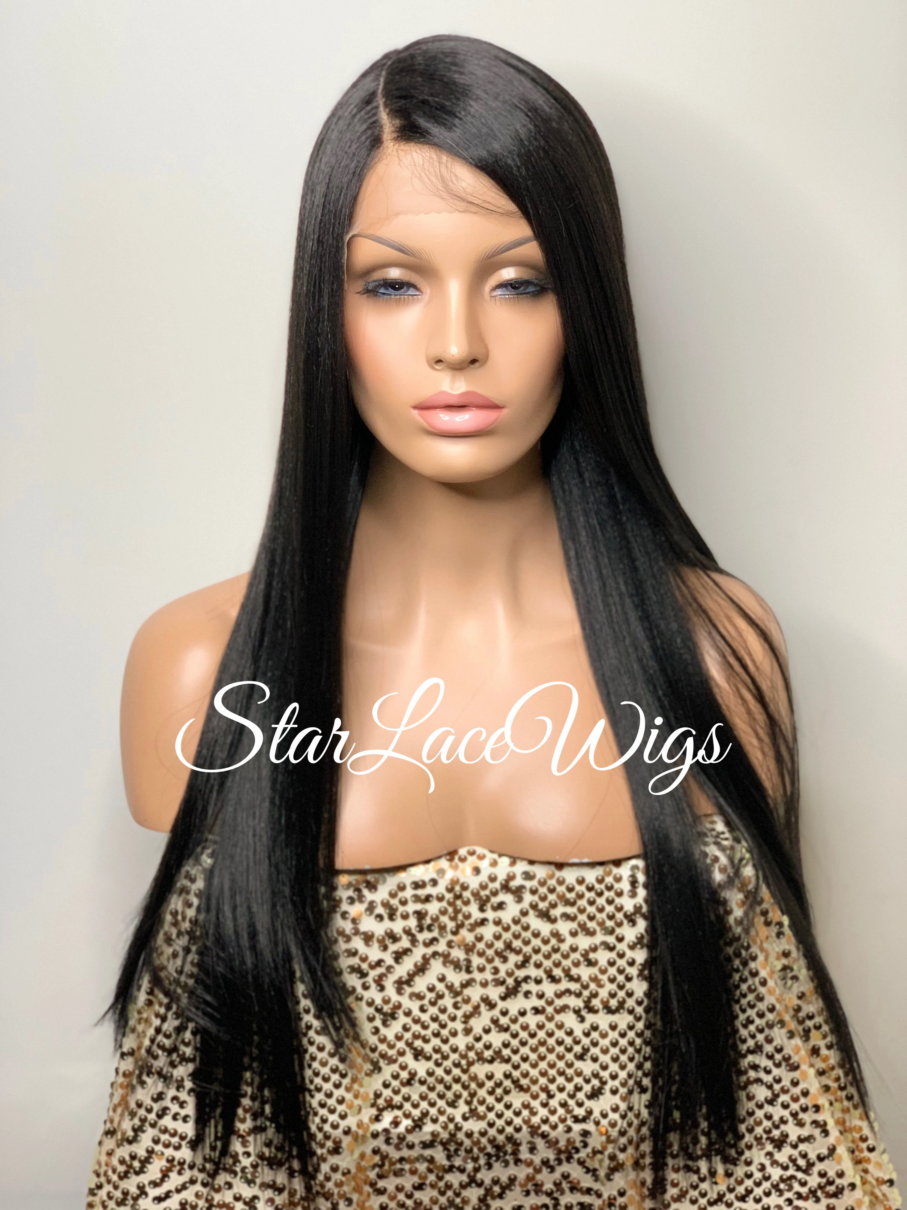 Lace Front Wig Synthetic Black Straight Side Part Layers - Maxine