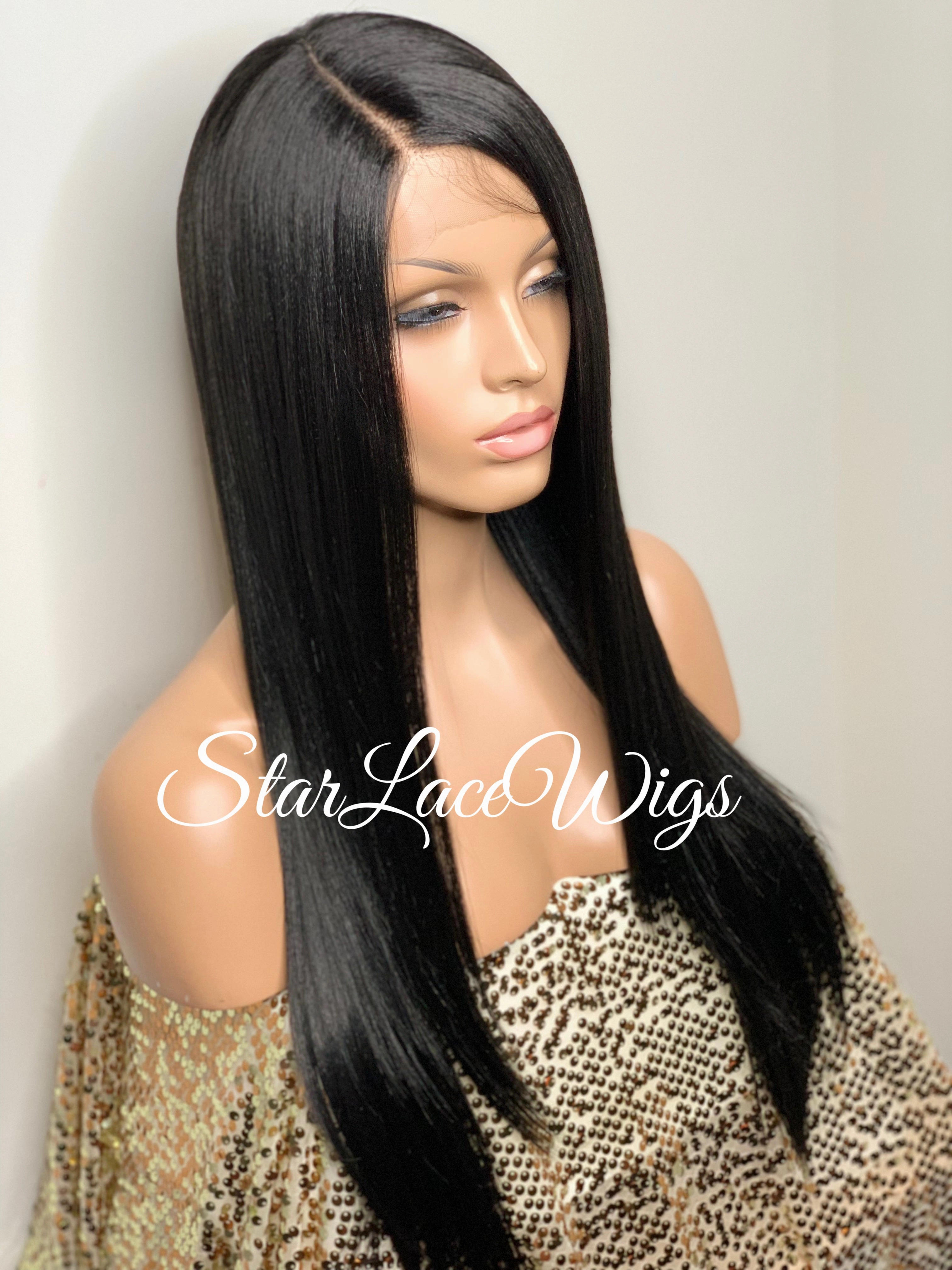 Lace Front Wig Synthetic Black Straight Side Part Layers - Maxine