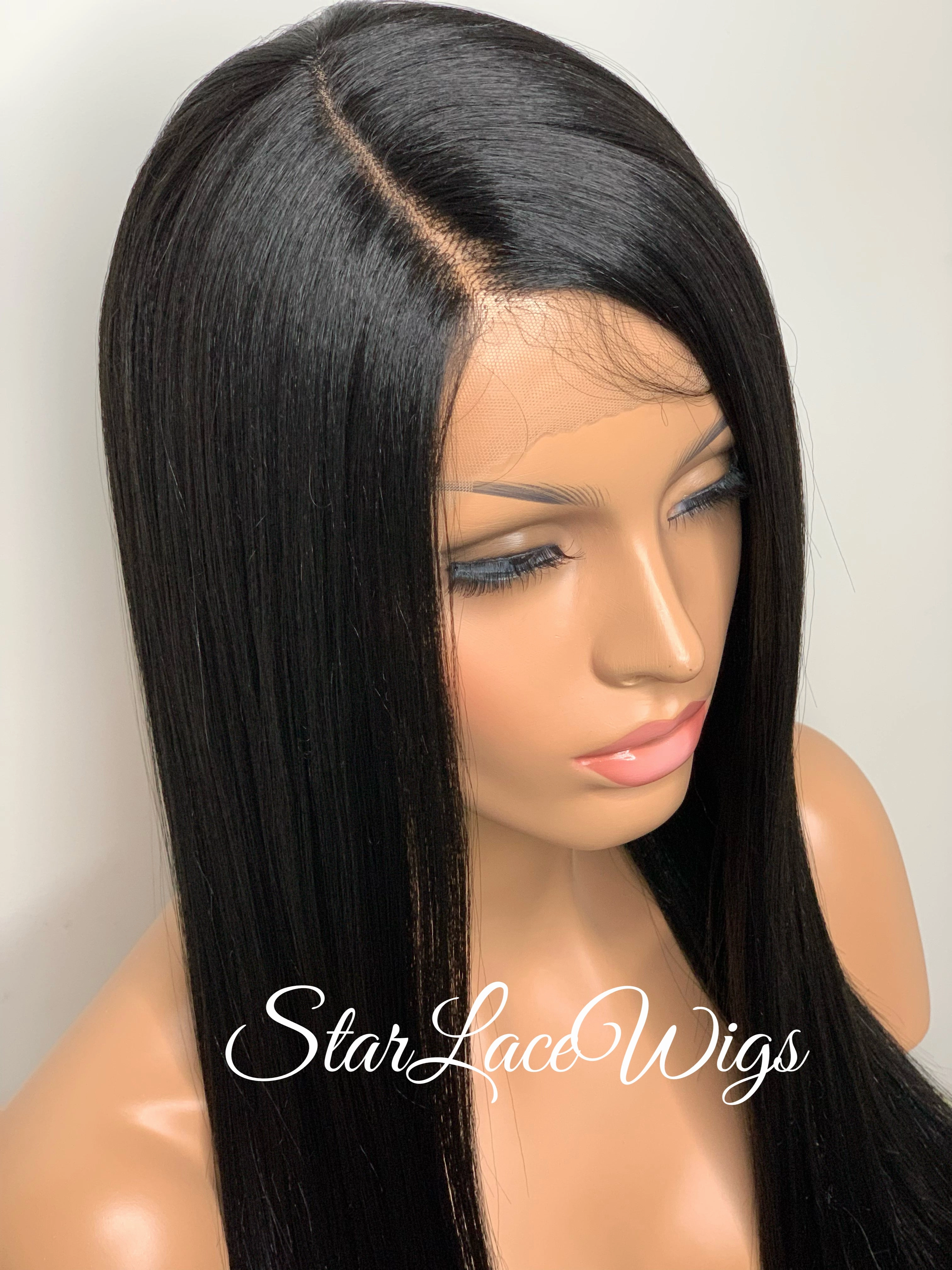 Lace Front Wig Synthetic Black Straight Side Part Layers - Maxine