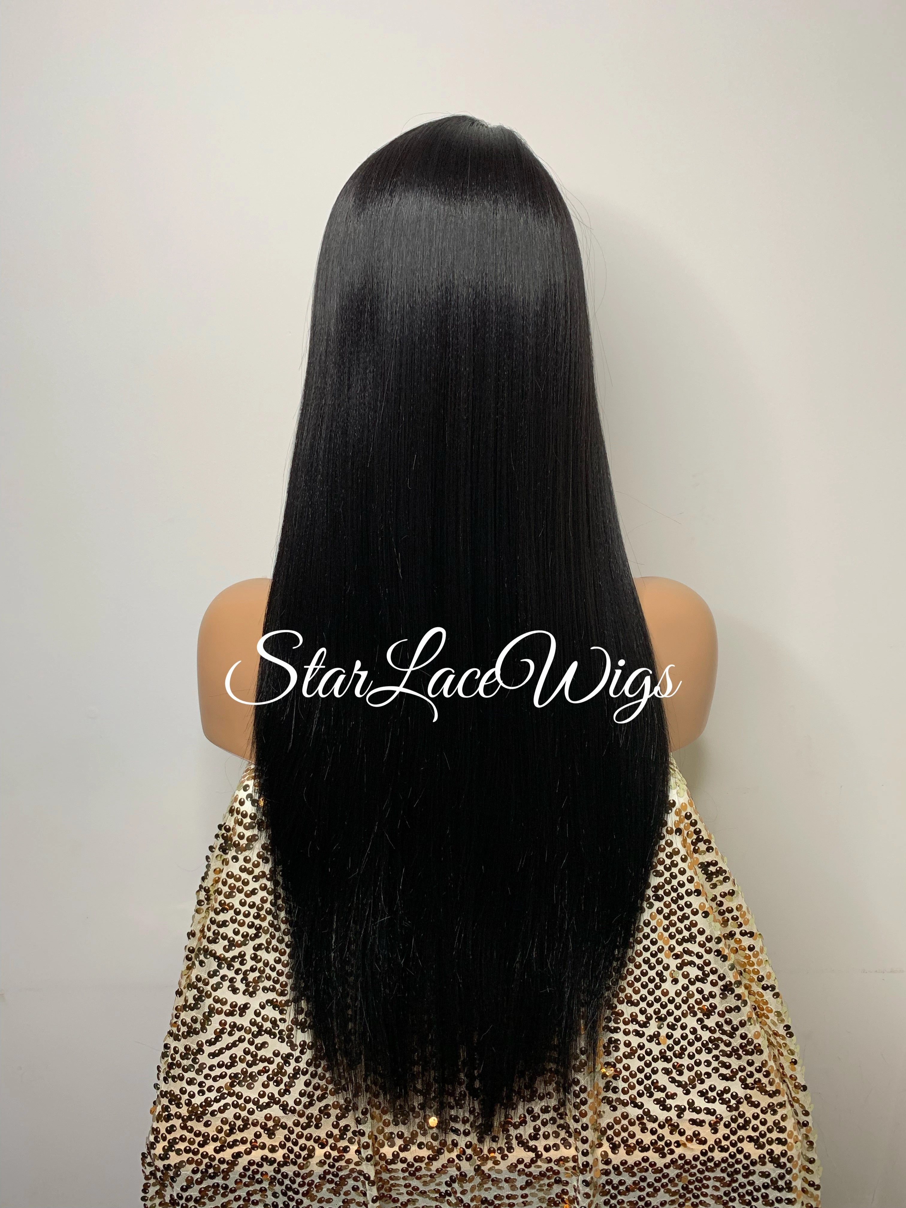 Lace Front Wig Synthetic Black Straight Side Part Layers - Maxine