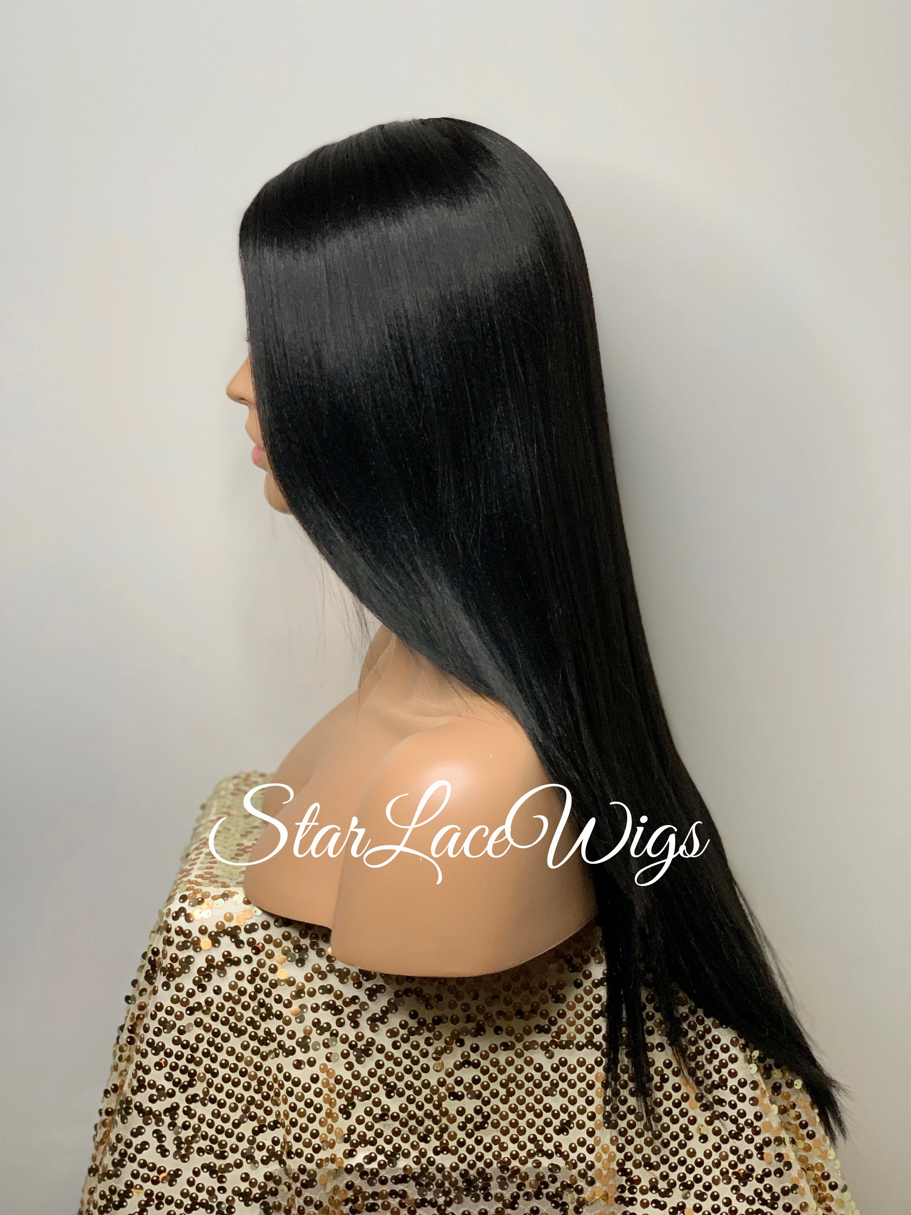Lace Front Wig Synthetic Black Straight Side Part Layers - Maxine