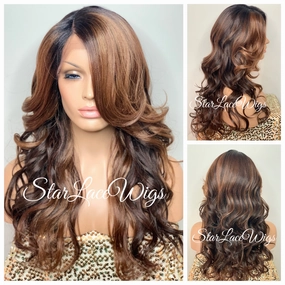 Lace Front Wig Synthetic Brown Long Wavy Dark Roots Layers - Candice