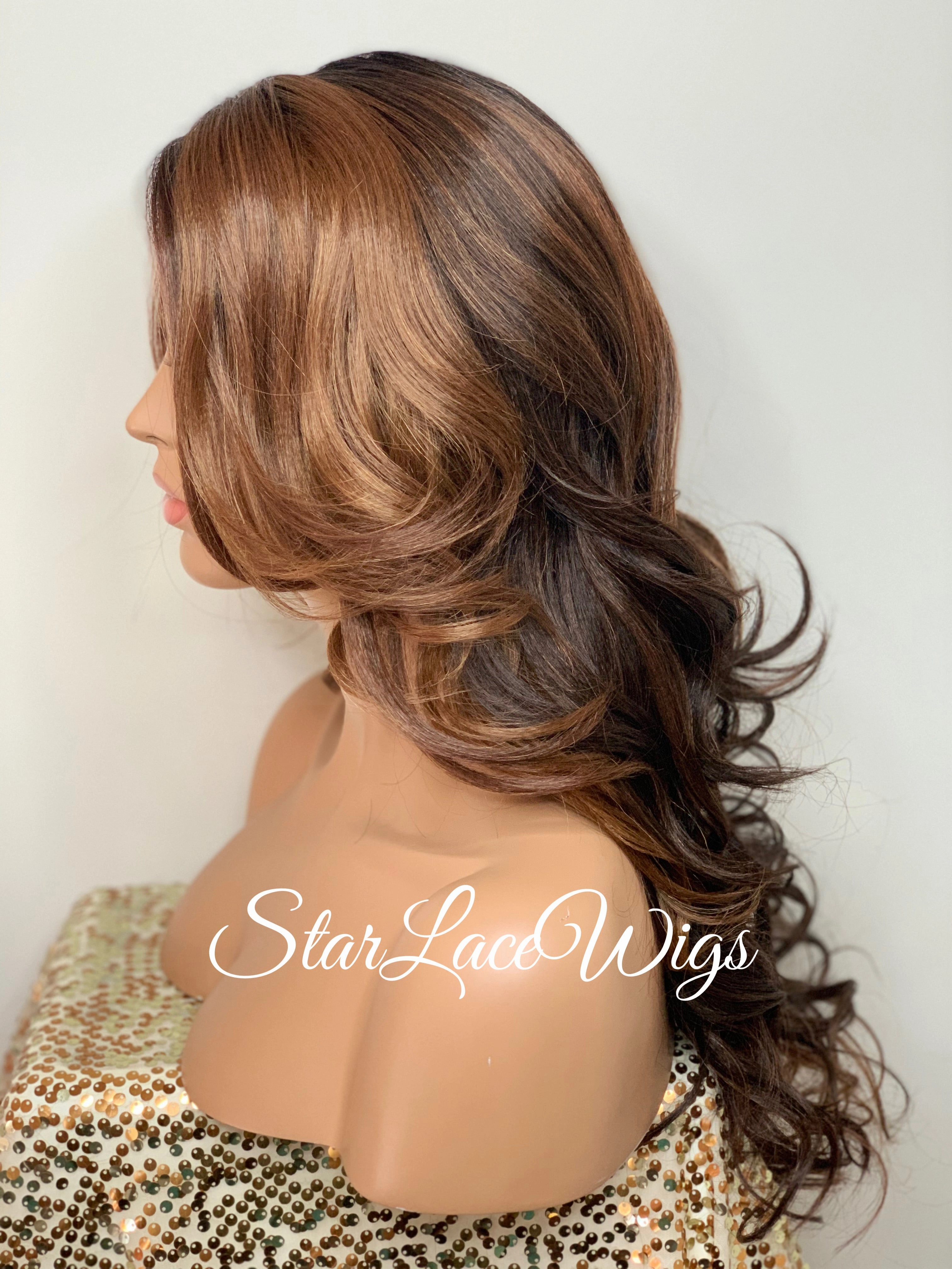 Lace Front Wig Synthetic Brown Long Wavy Dark Roots Layers - Candice