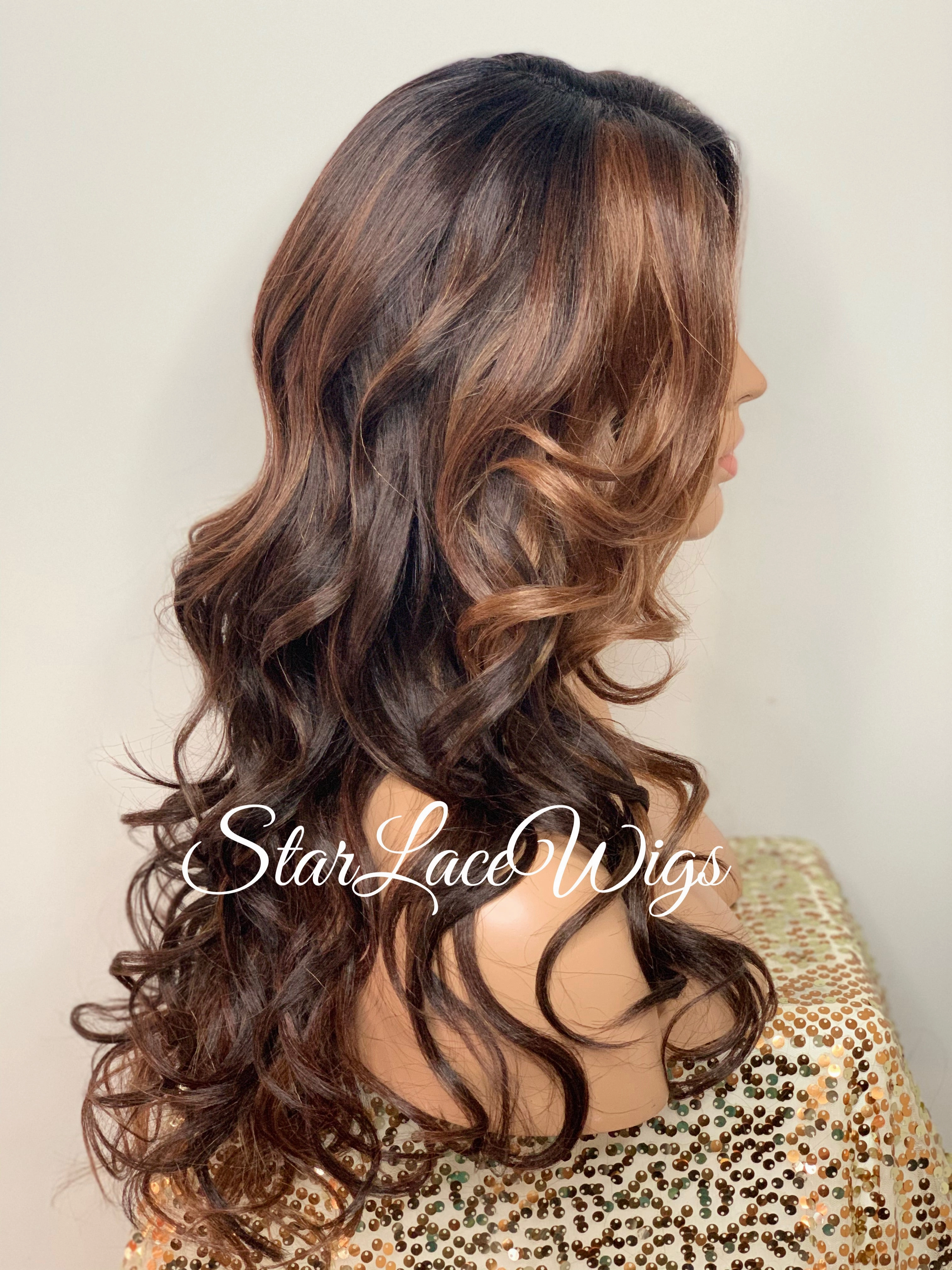 Lace Front Wig Synthetic Brown Long Wavy Dark Roots Layers - Candice