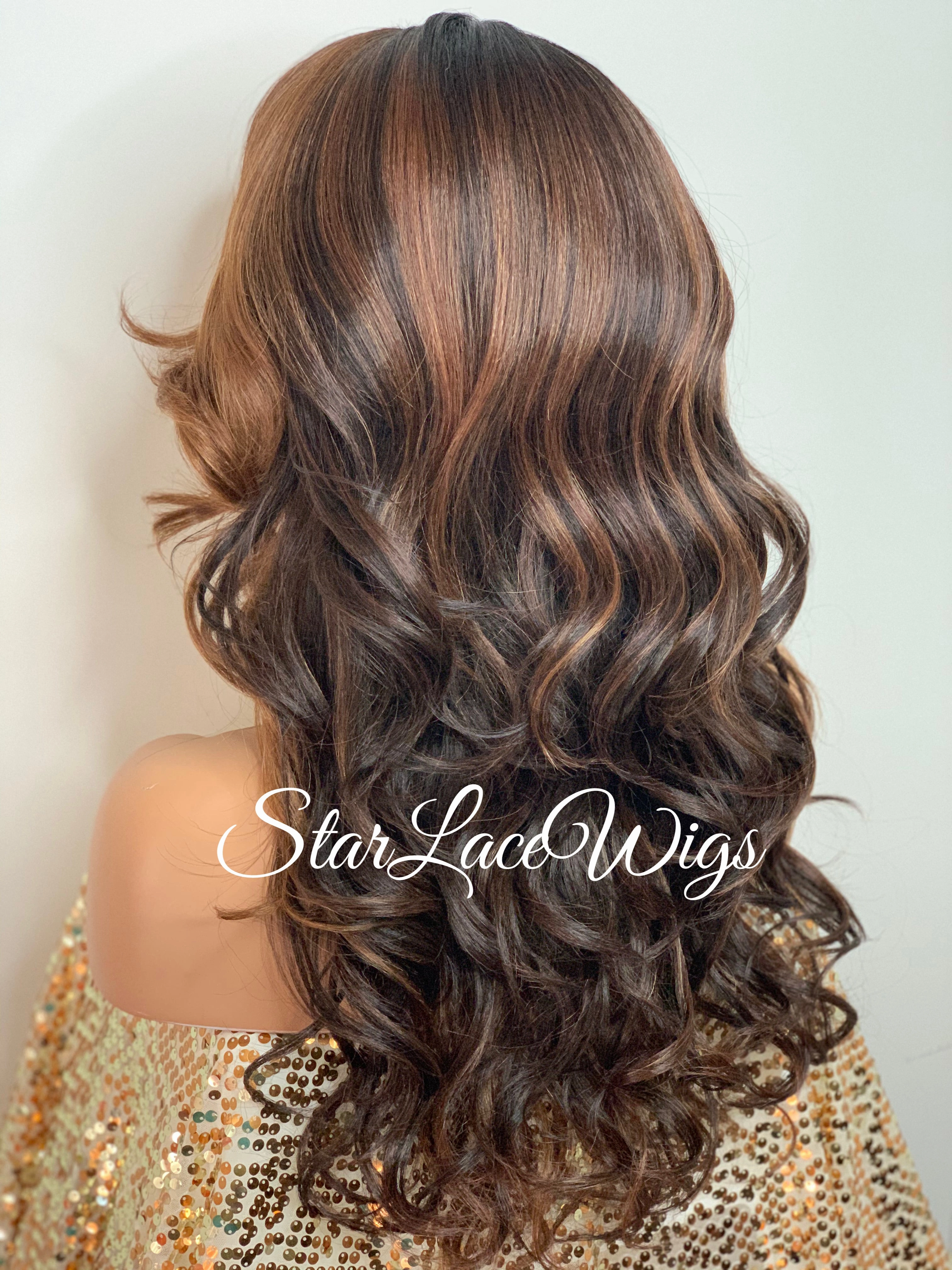 Lace Front Wig Synthetic Brown Long Wavy Dark Roots Layers - Candice