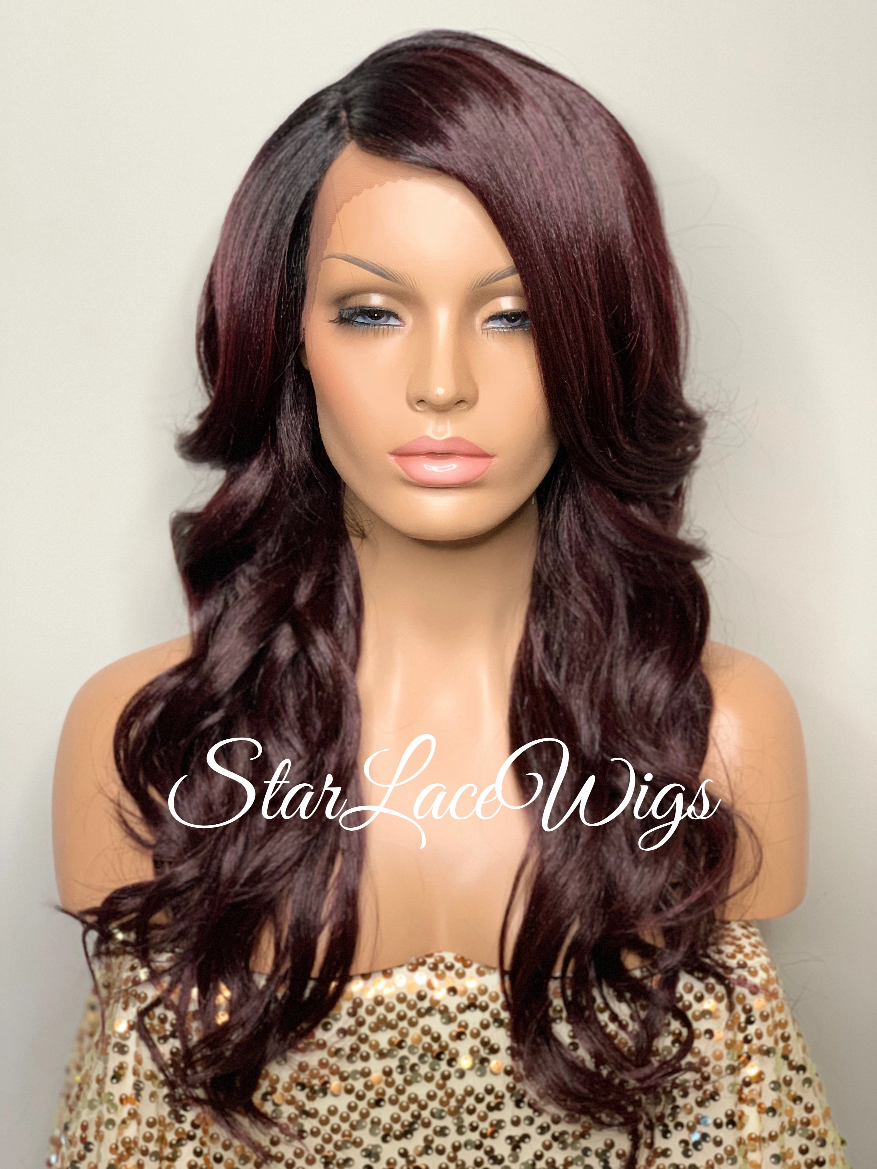 Lace Front Wig Synthetic Dark Burgundy Long Loose Curly Layers - Tara