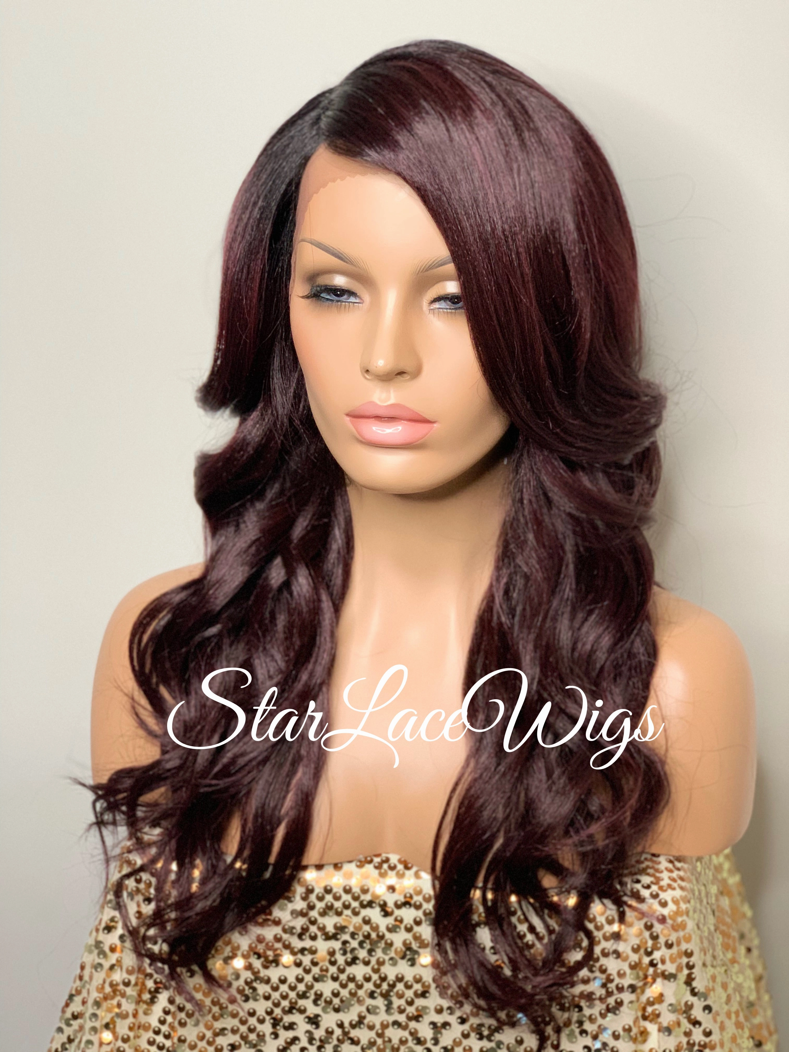 Lace Front Wig Synthetic Dark Burgundy Long Loose Curly Layers - Tara