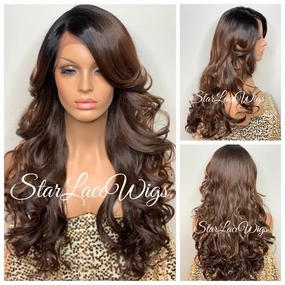 Lace Front Wig Synthetic Dark Roots #1b Curly Brown #4 #30 Long Bangs - Karen