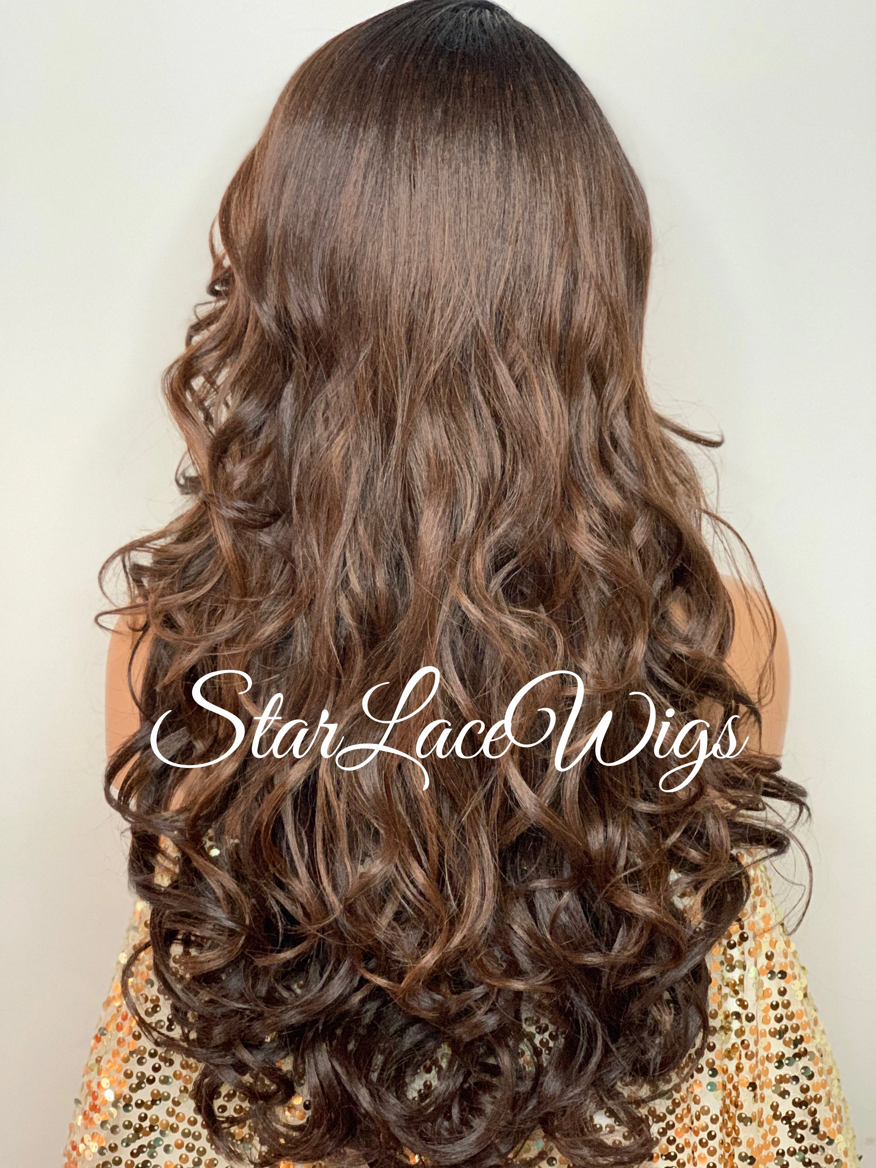Lace Front Wig Synthetic Dark Roots #1b Curly Brown #4 #30 Long Bangs - Karen