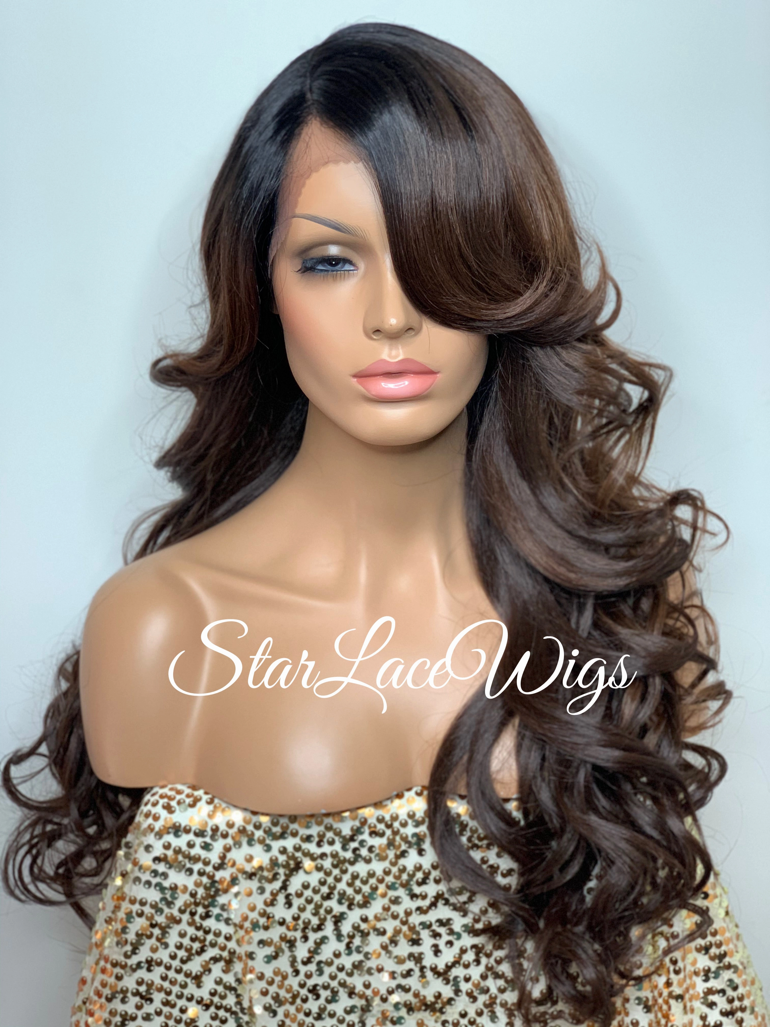 Lace Front Wig Synthetic Dark Roots #1b Curly Brown #4 #30 Long Bangs - Karen