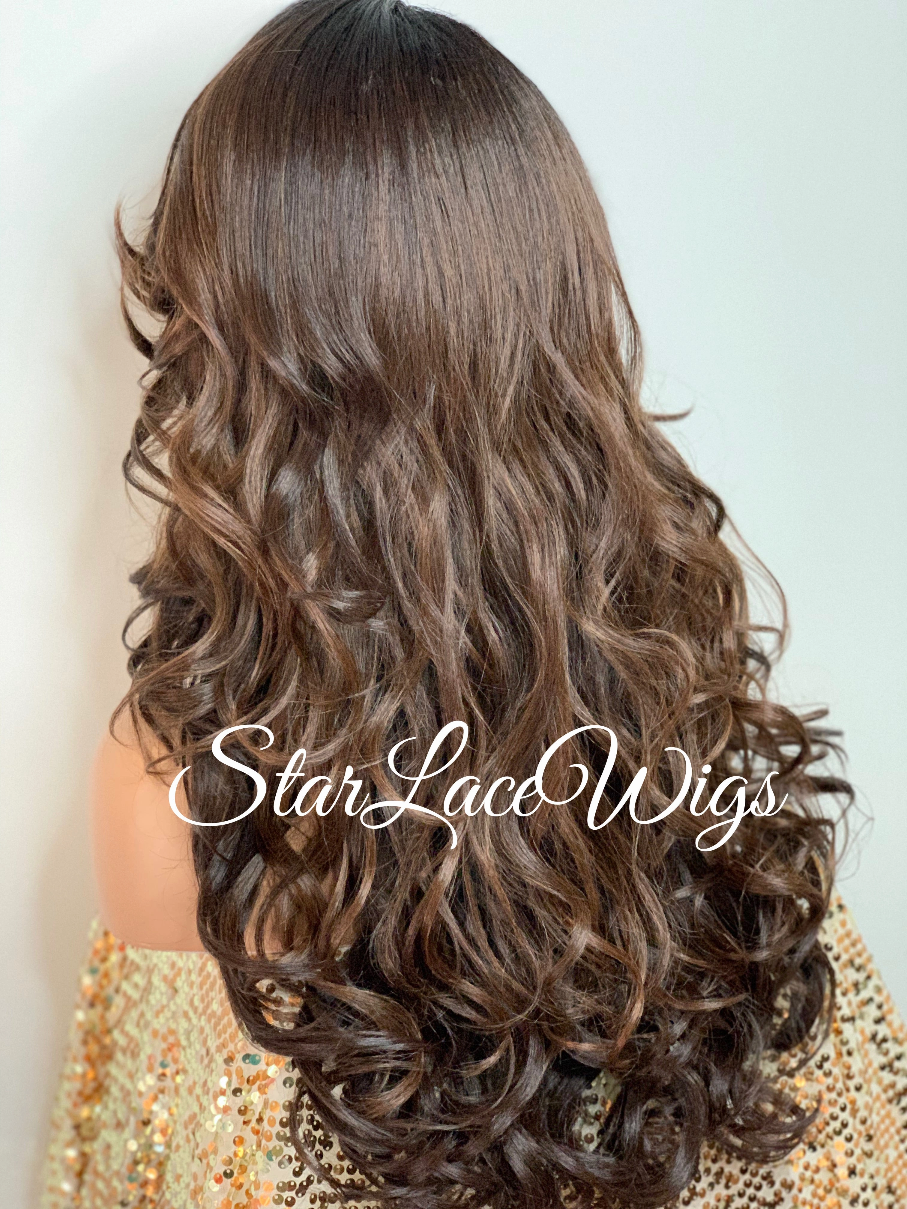 Lace Front Wig Synthetic Dark Roots #1b Curly Brown #4 #30 Long Bangs - Karen
