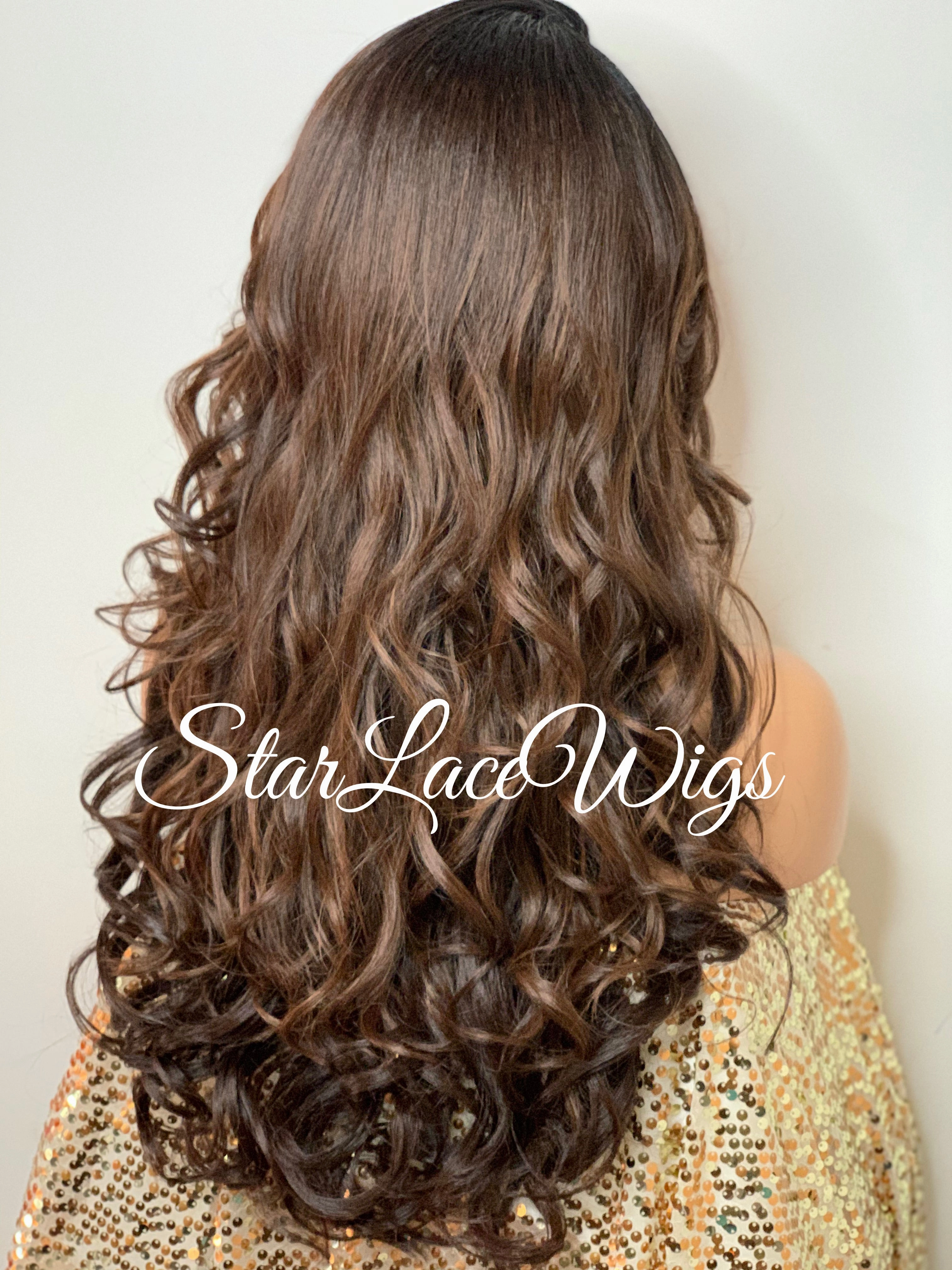 Lace Front Wig Synthetic Dark Roots #1b Curly Brown #4 #30 Long Bangs - Karen