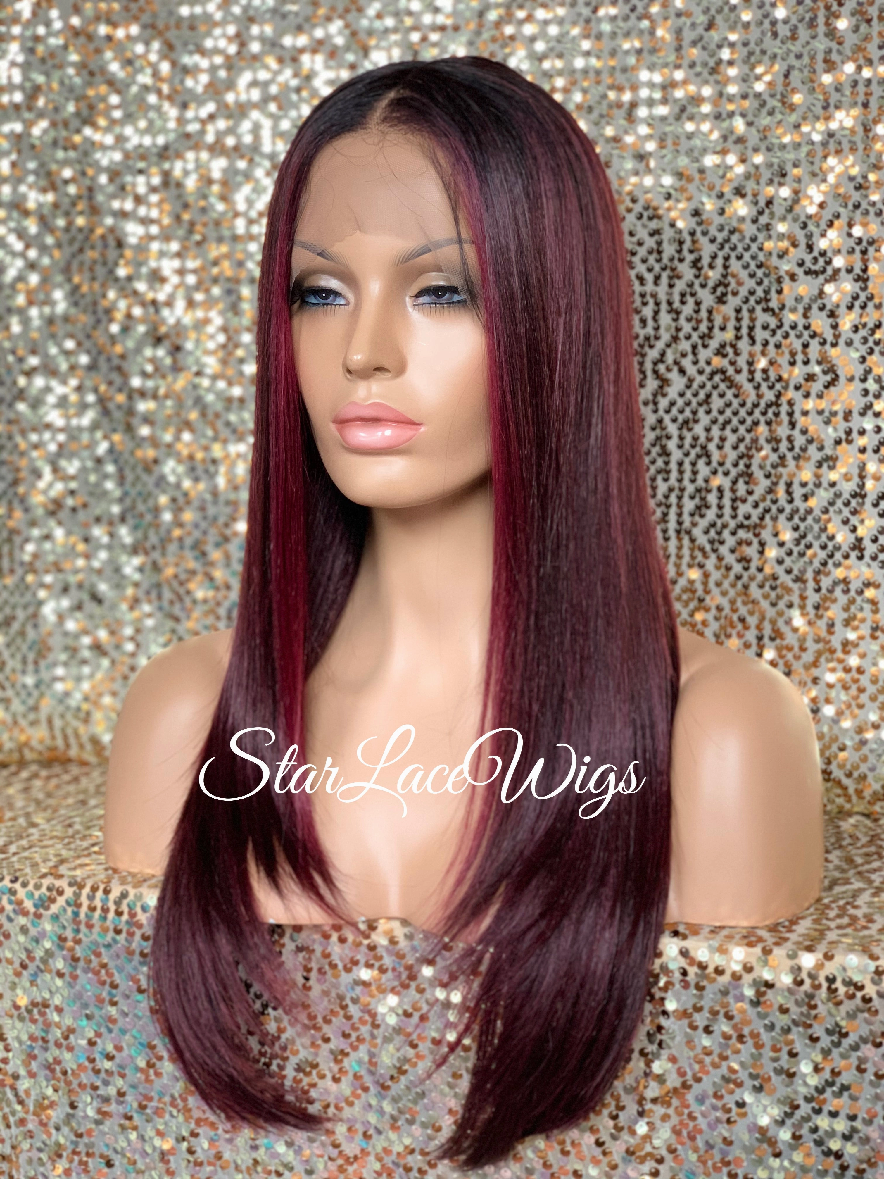 Lace Front Wig Synthetic Red Burgundy Long Straight Middle Part - Sadie