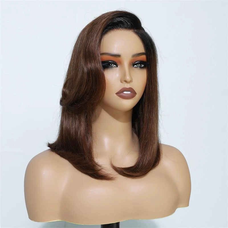 Layer Cut Ombre Brown Colored Wig Short Body Bob Wigs Wear Go Glueless C Part HD Lace Wig