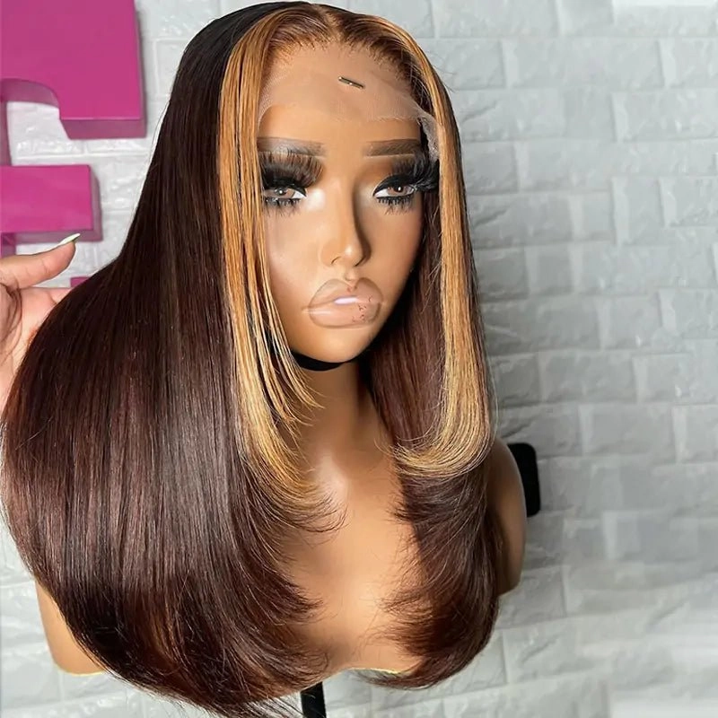 Layer Cut Wigs Brown With Blonde Short Bob Wig Layered Straight1 3X4 Lace Front Human Hair Wigs 180% Density