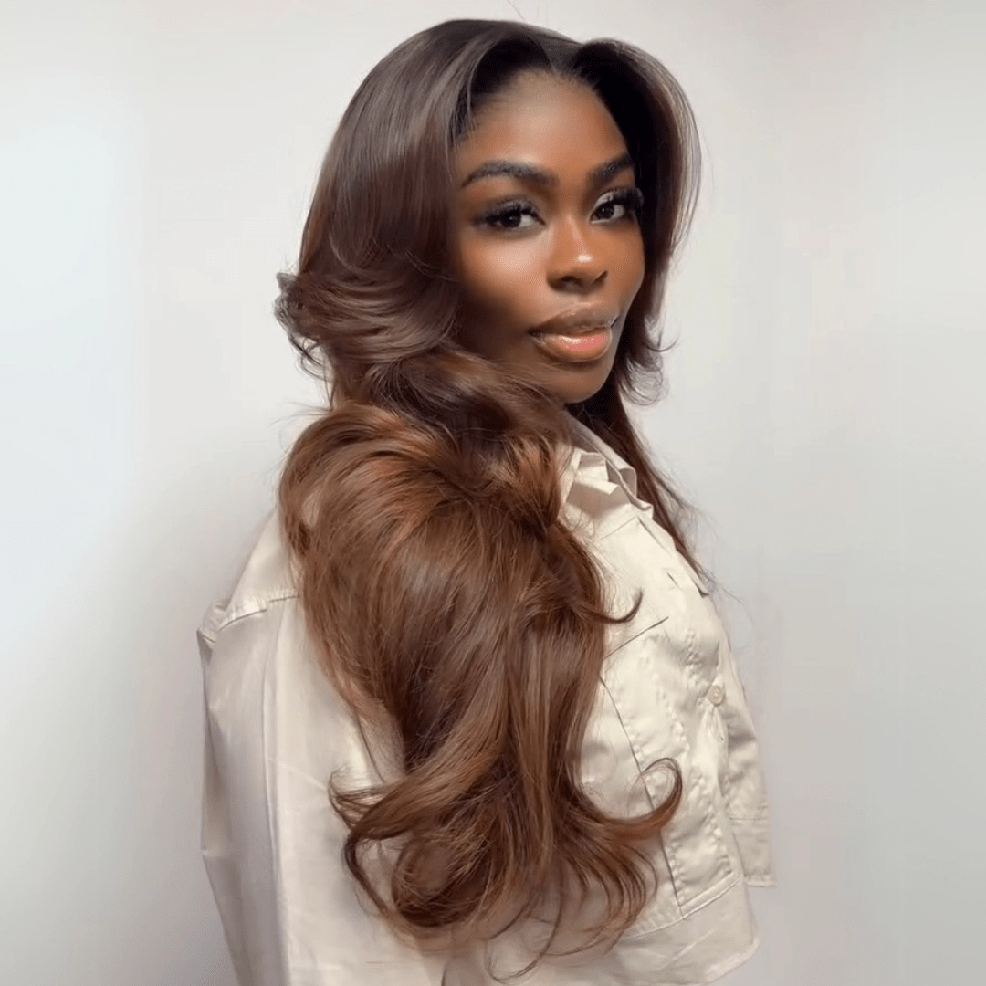 Layered Cut With Curtain Bangs Glueless Wigs Brown Higlight Long Wavy 13x4 Lace Front Human Hair Wigs 250% Density