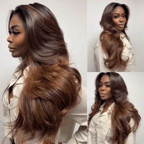 Layered Cut With Curtain Bangs Glueless Wigs Brown Higlight Long Wavy 13x4 Lace Front Human Hair Wigs 250% Density