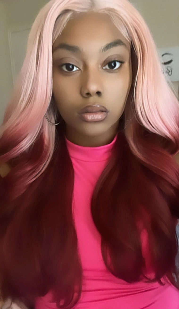 Long 2 Toned Pink Red Lace Front Wig (13x4) Free Part - Julia