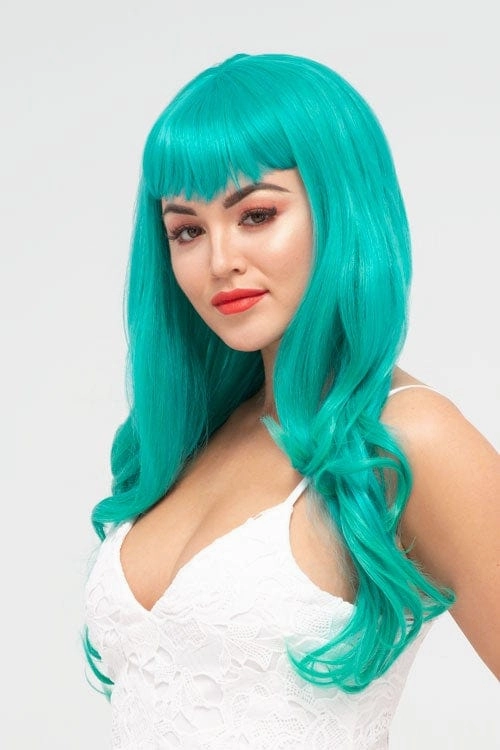 Long aqua green wig with gentle waves and vintage-style straight fringe: Natalie