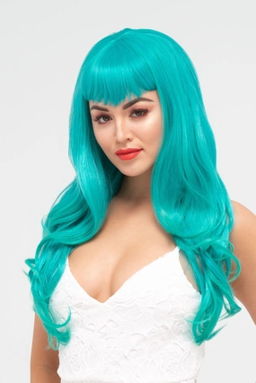 Long aqua green wig with gentle waves and vintage-style straight fringe: Natalie