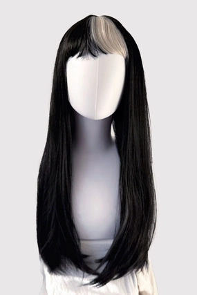 Long, black, straight wig with platinum fringe streak and retro, straight fringe: Imogen