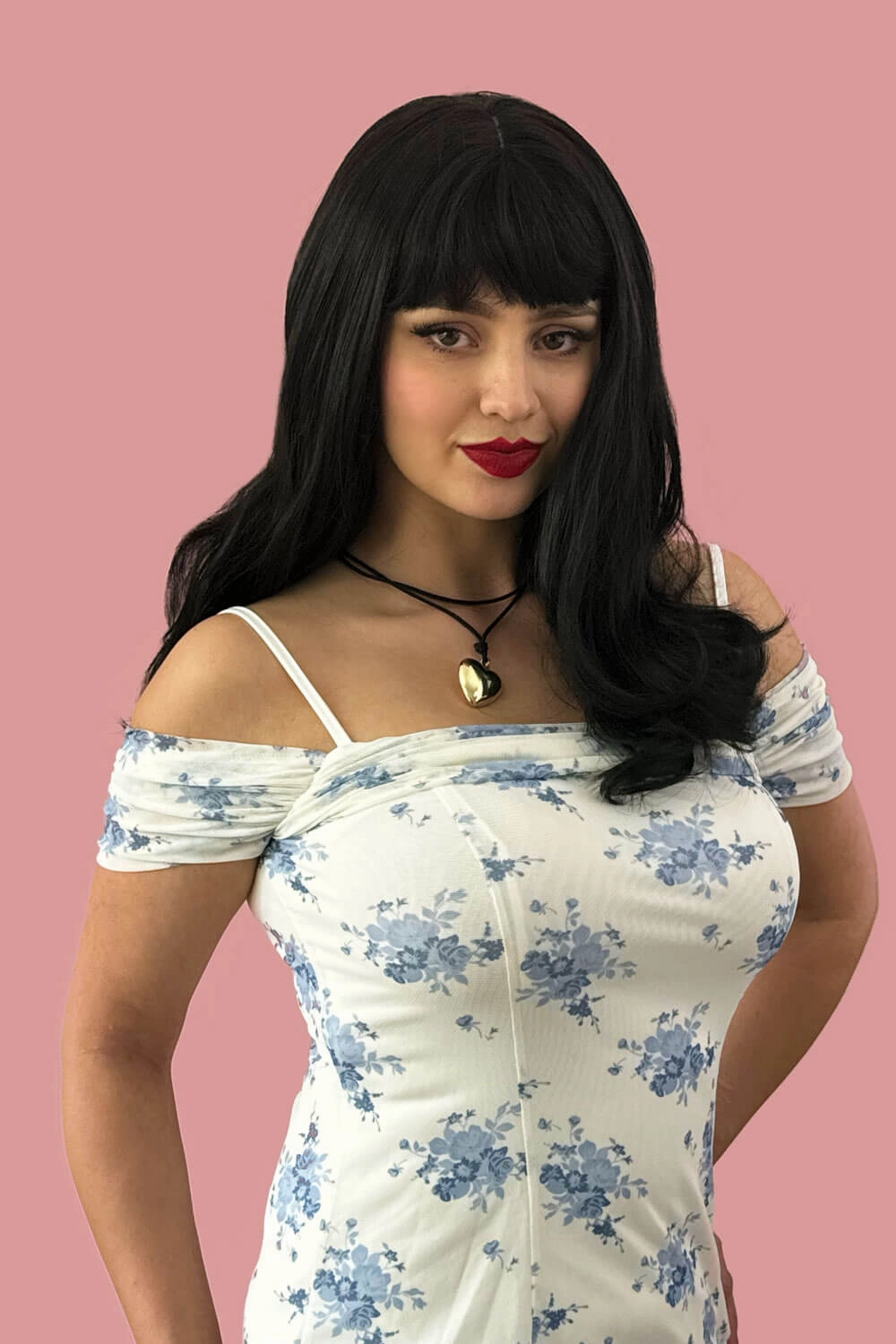 Long black wavy bob (LOB) wig with straight retro fringe: Ciarra