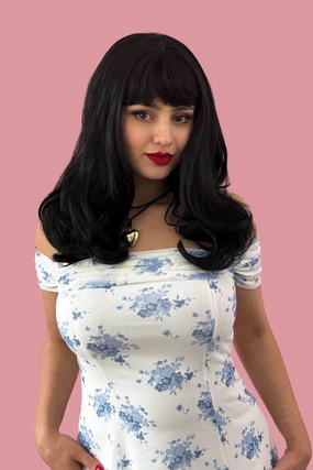 Long black wavy bob (LOB) wig with straight retro fringe: Ciarra