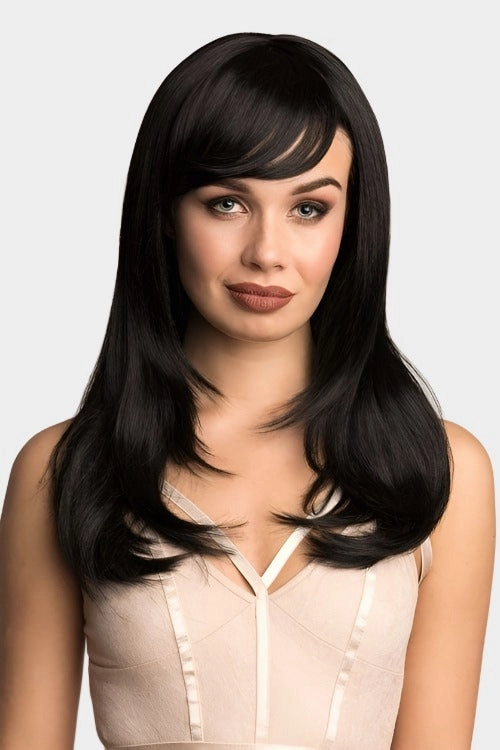 Long black wig, face frame style with full, sweeping fringe: Corina