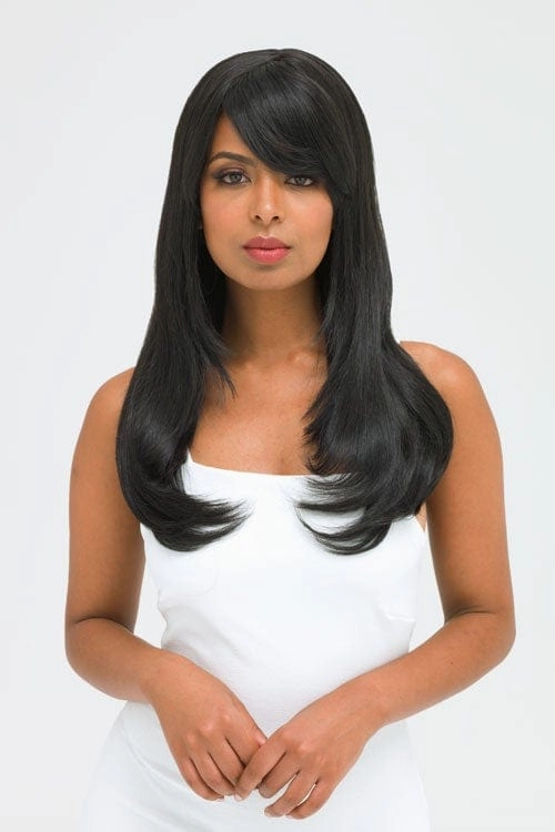 Long black wig, face frame style with full, sweeping fringe: Corina