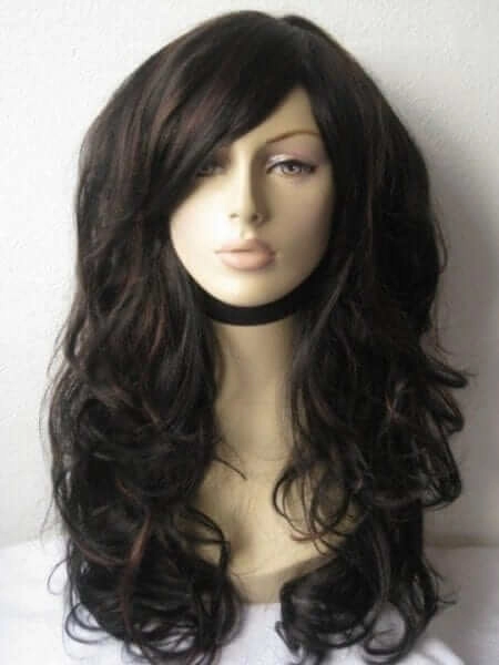 Long black wig with auburn highlights and gentle waves: Emily