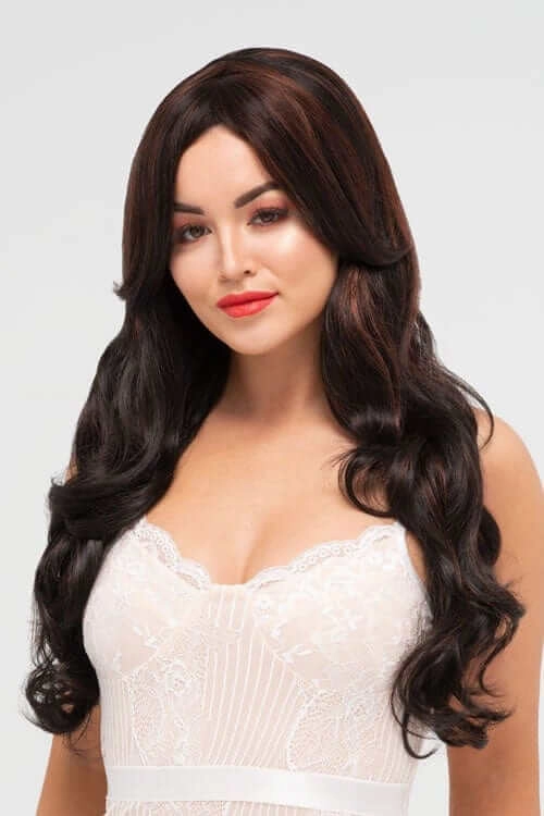 Long black wig with auburn highlights and gentle waves: Emily