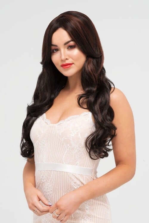 Long black wig with auburn highlights and gentle waves: Emily