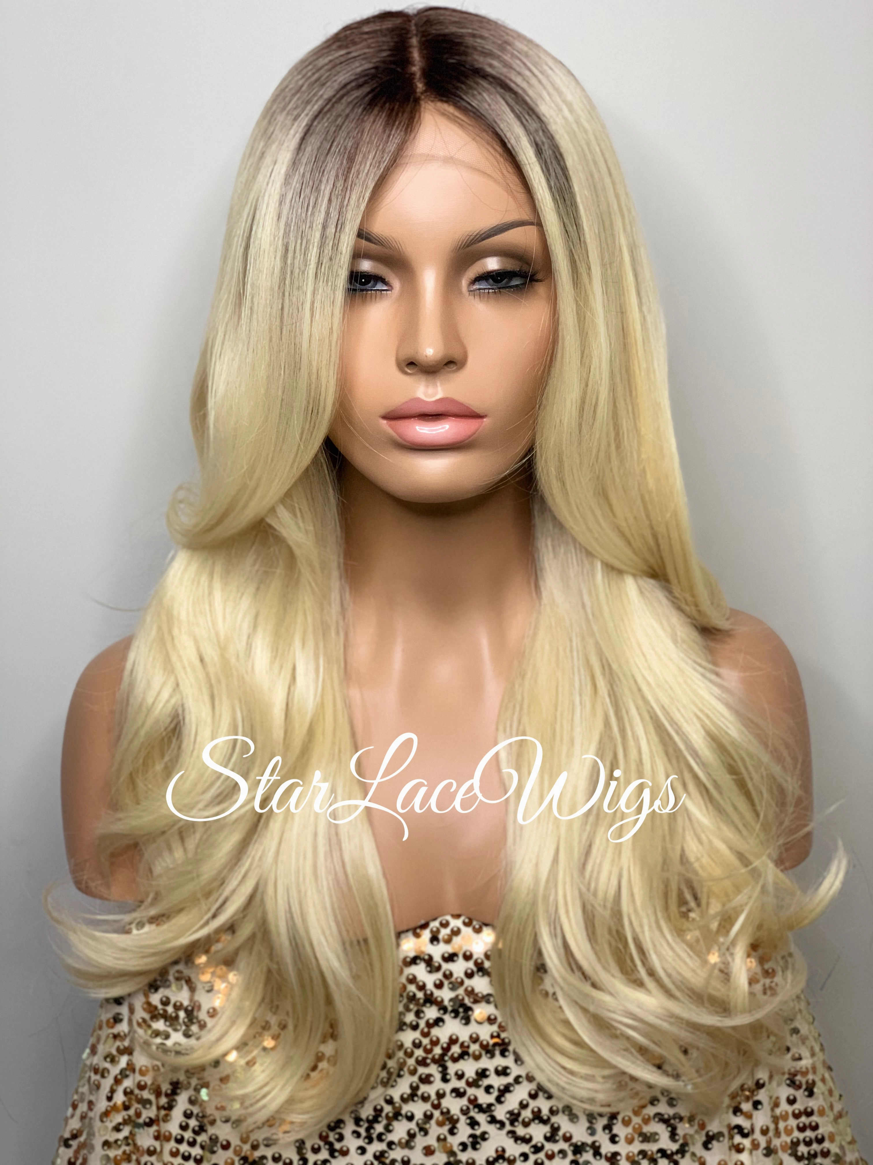 Long Blonde Curly Synthetic Lace Front Wig Dark Roots - Nicole