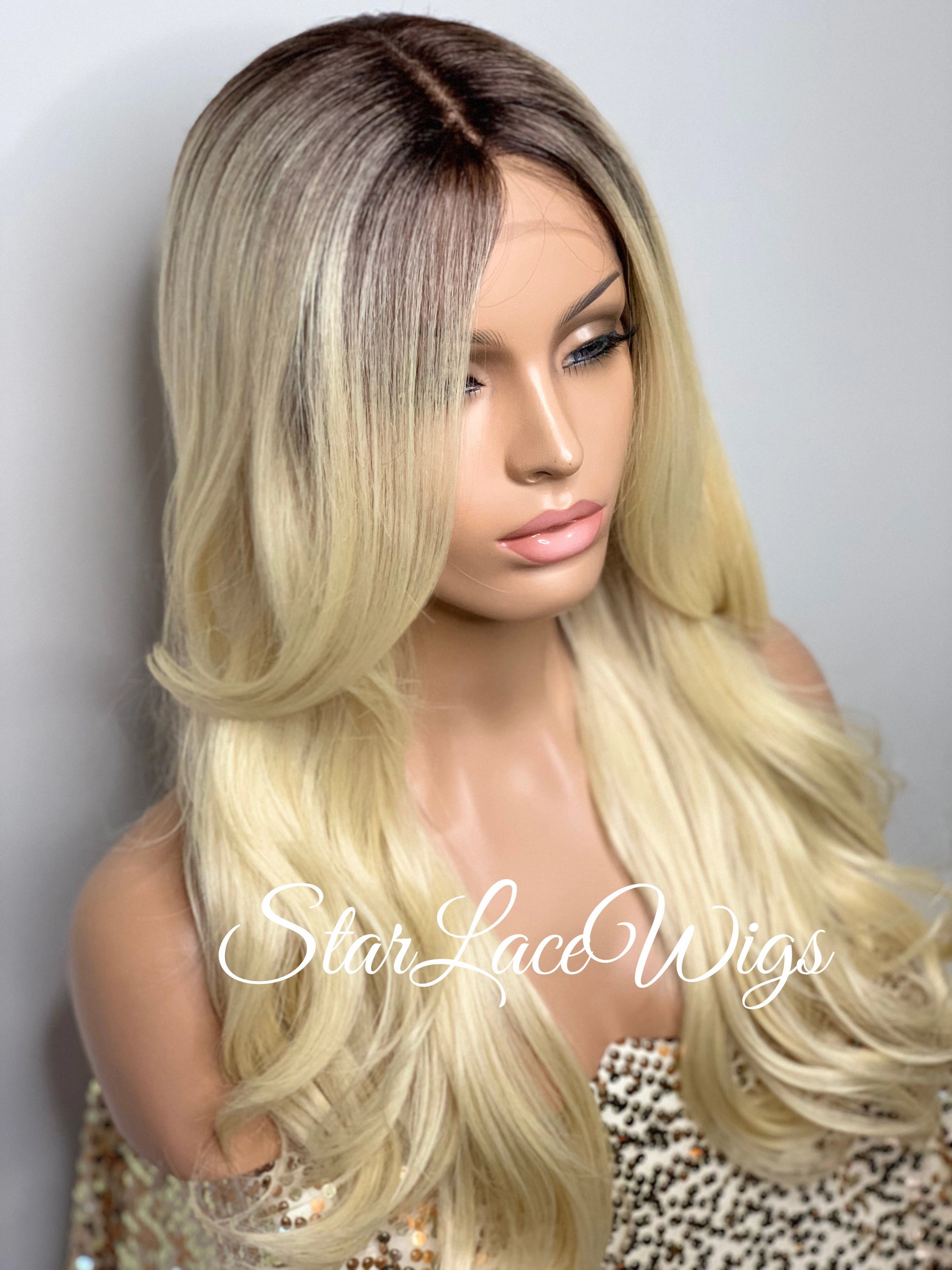 Long Blonde Curly Synthetic Lace Front Wig Dark Roots - Nicole