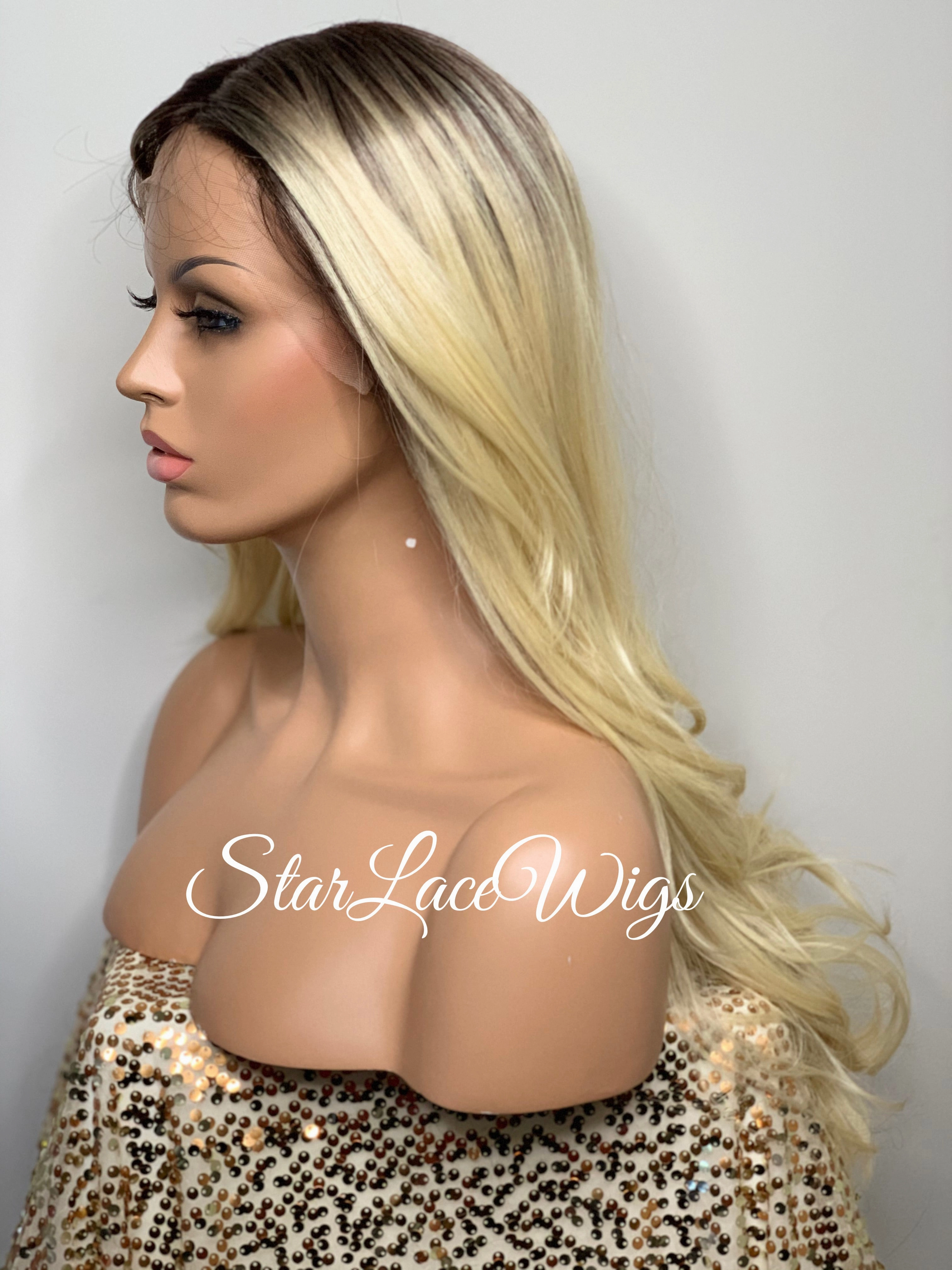 Long Blonde Curly Synthetic Lace Front Wig Dark Roots - Nicole