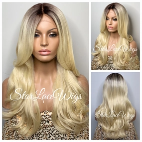 Long Blonde Curly Synthetic Lace Front Wig Dark Roots - Nicole