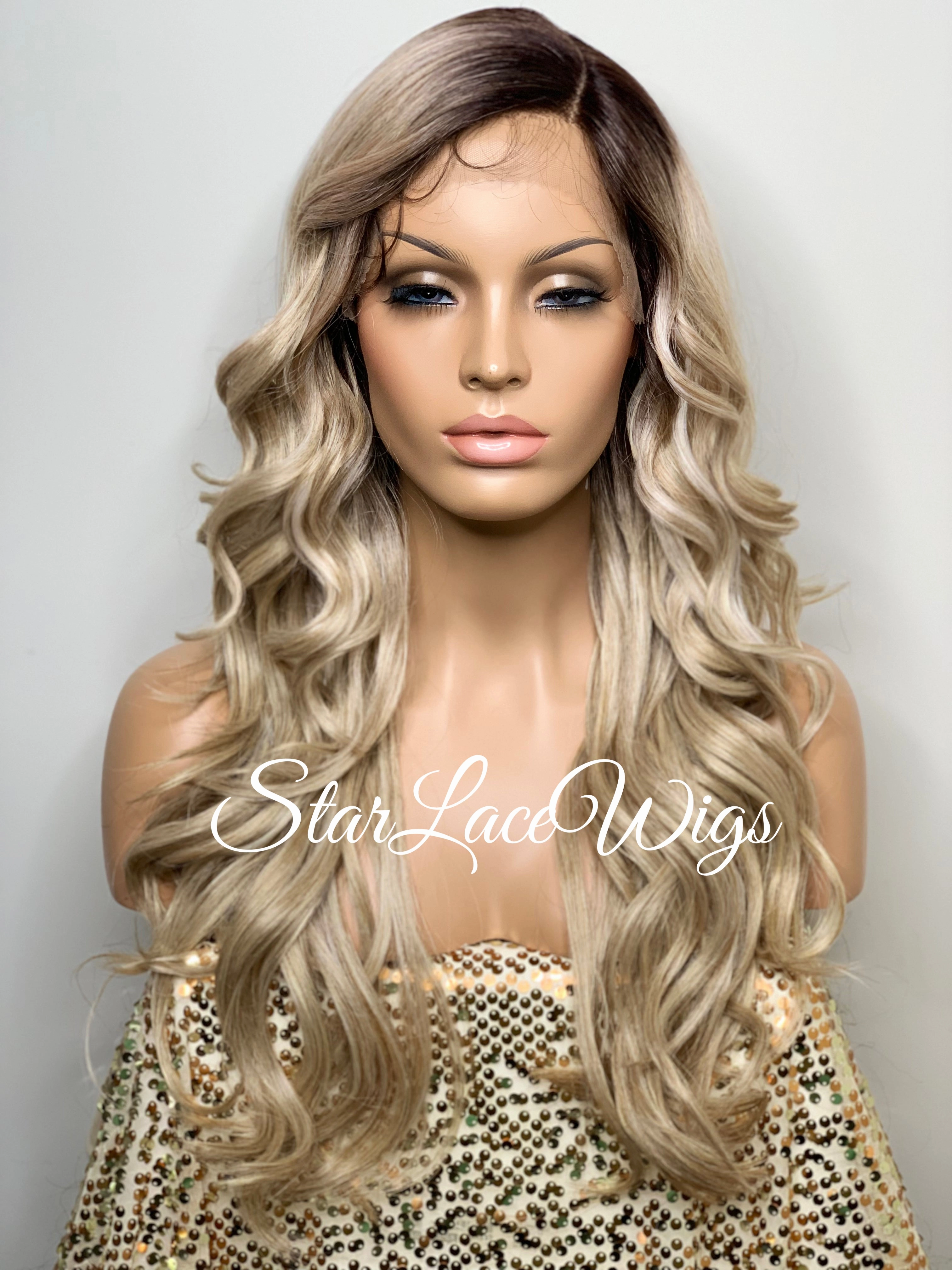 Long Blonde Lace Front Wig Bangs Wavy Synthetic Dark Roots Layers Side Part - Raquel