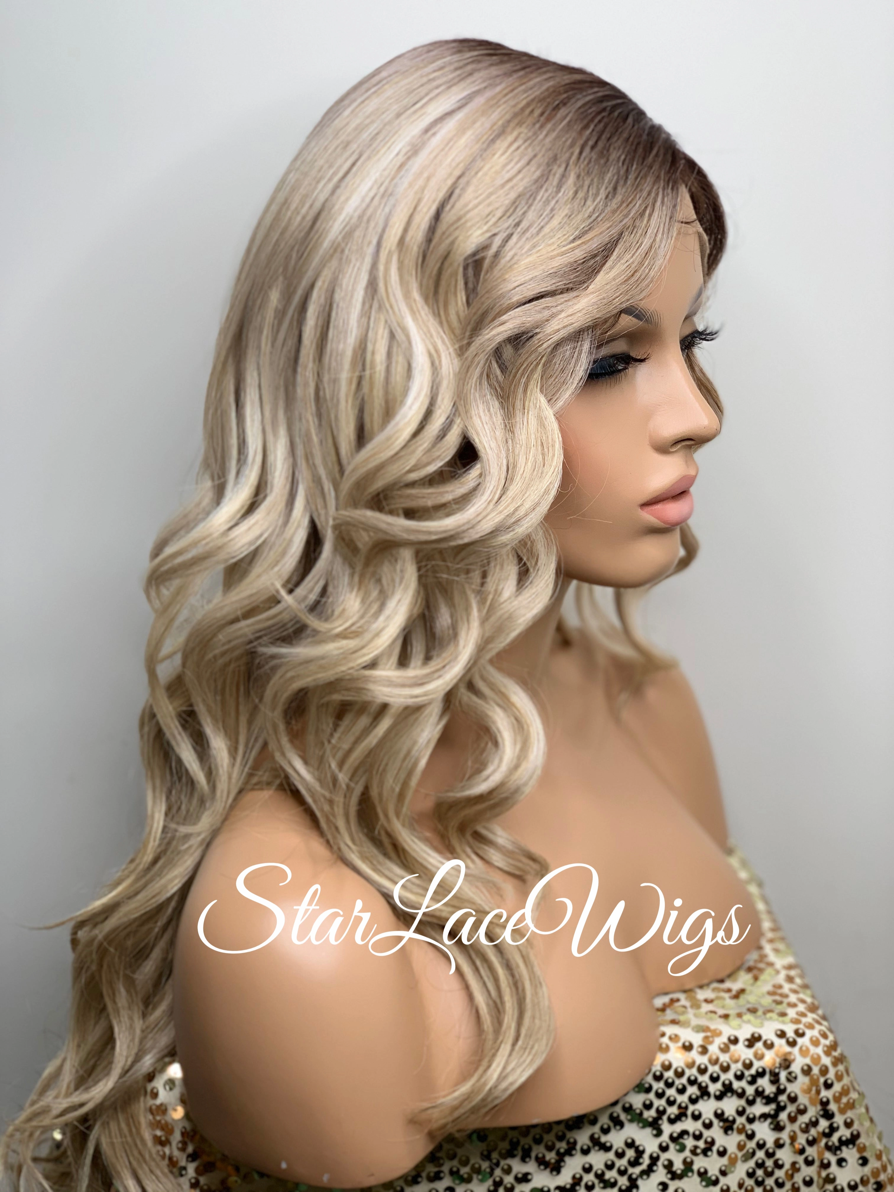 Long Blonde Lace Front Wig Bangs Wavy Synthetic Dark Roots Layers Side Part - Raquel