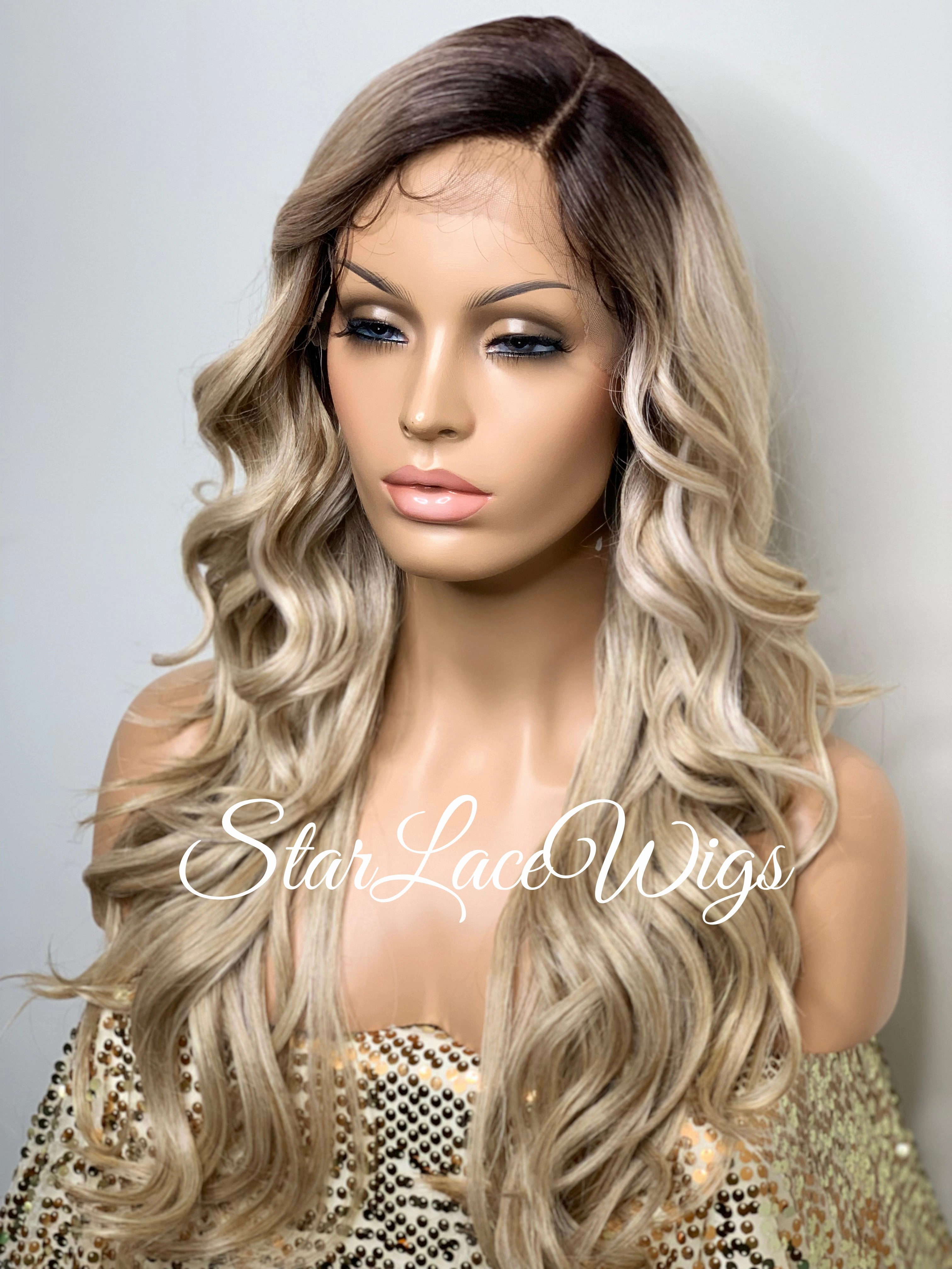 Long Blonde Lace Front Wig Bangs Wavy Synthetic Dark Roots Layers Side Part - Raquel