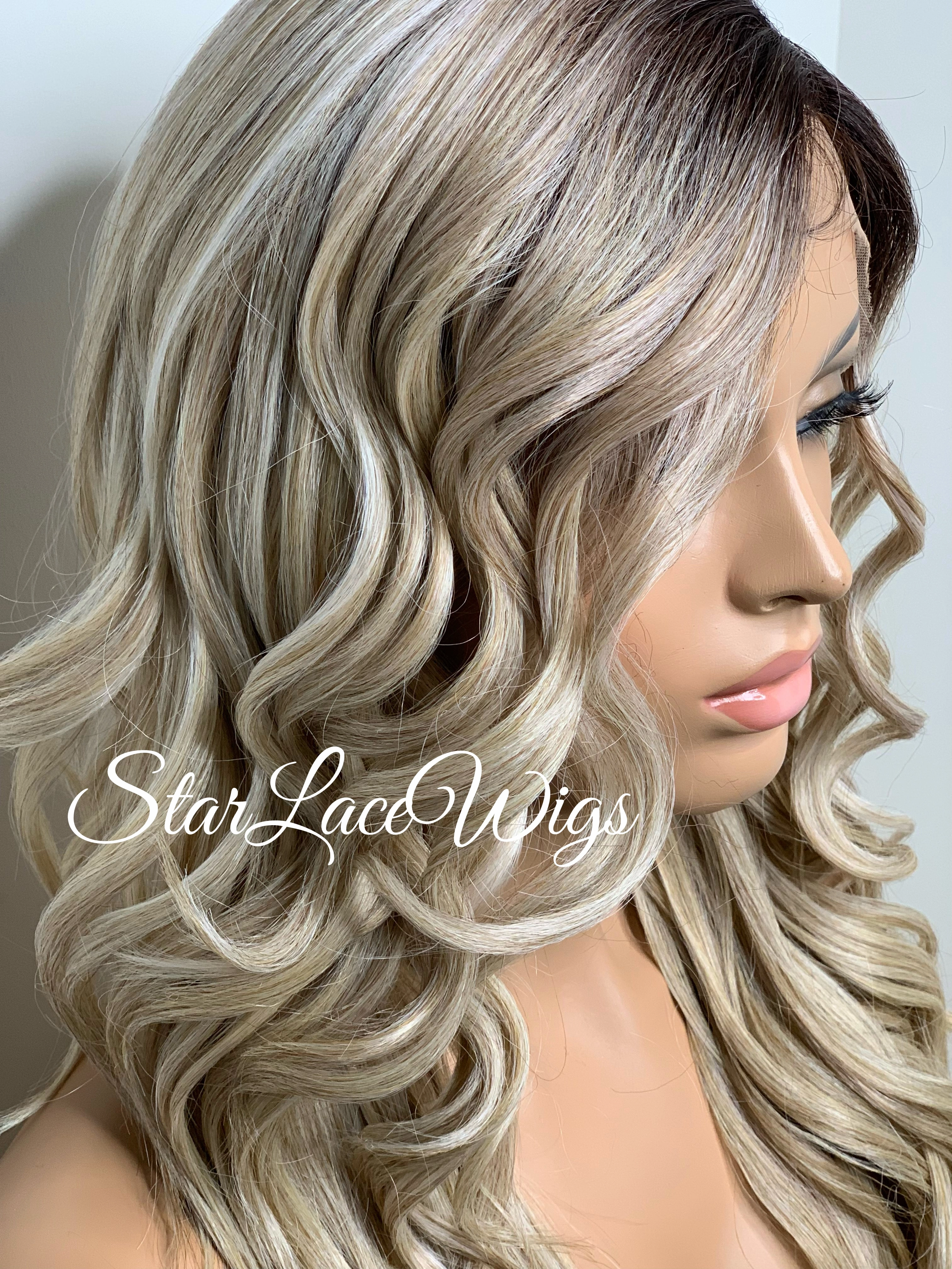 Long Blonde Lace Front Wig Bangs Wavy Synthetic Dark Roots Layers Side Part - Raquel