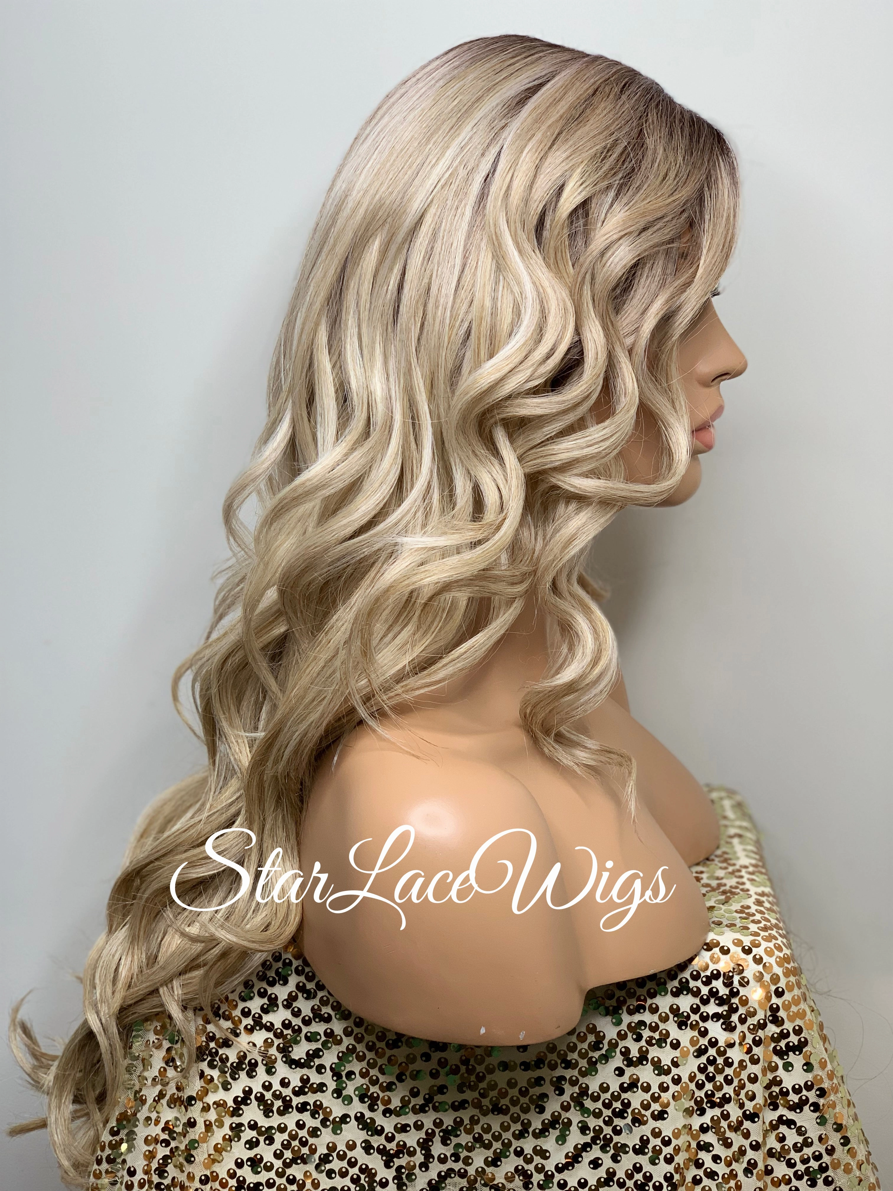 Long Blonde Lace Front Wig Bangs Wavy Synthetic Dark Roots Layers Side Part - Raquel