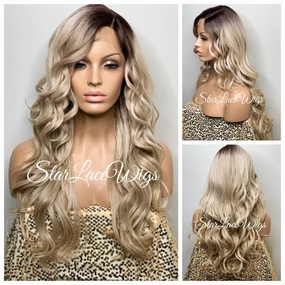 Long Blonde Lace Front Wig Bangs Wavy Synthetic Dark Roots Layers Side Part - Raquel