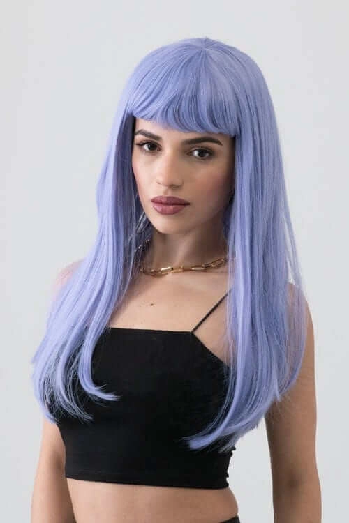 Long blue wig with short, straight fringe: Alyssa