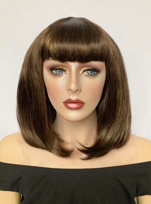 Long bob wig with a short fringe, brown with blonde highlights: Jill